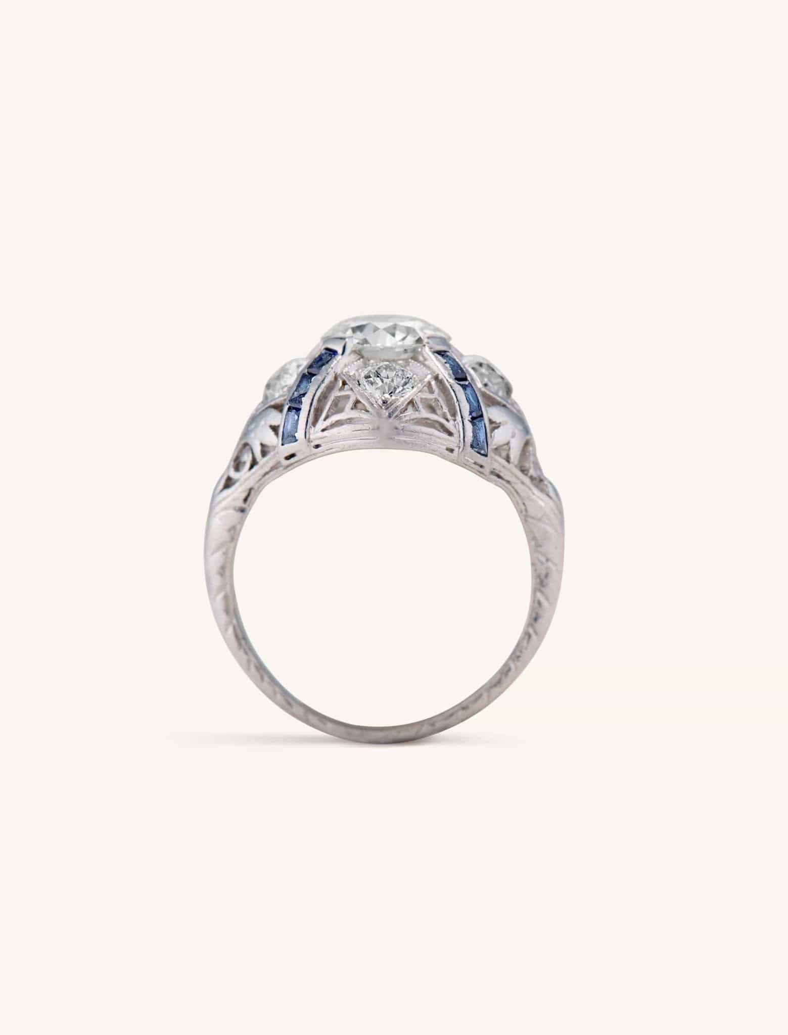 Art Deco 1.25 Carat Old European Cut Diamond and Sapphire Bombé Vintage Engagement Ring - Image 4
