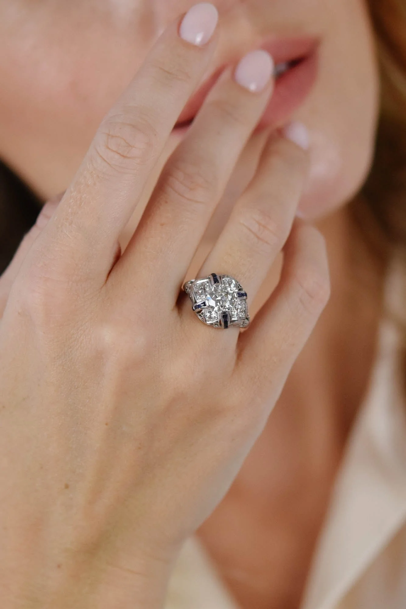 Art Deco 1.25 Carat Old European Cut Diamond and Sapphire Bombé Vintage Engagement Ring - Image 5