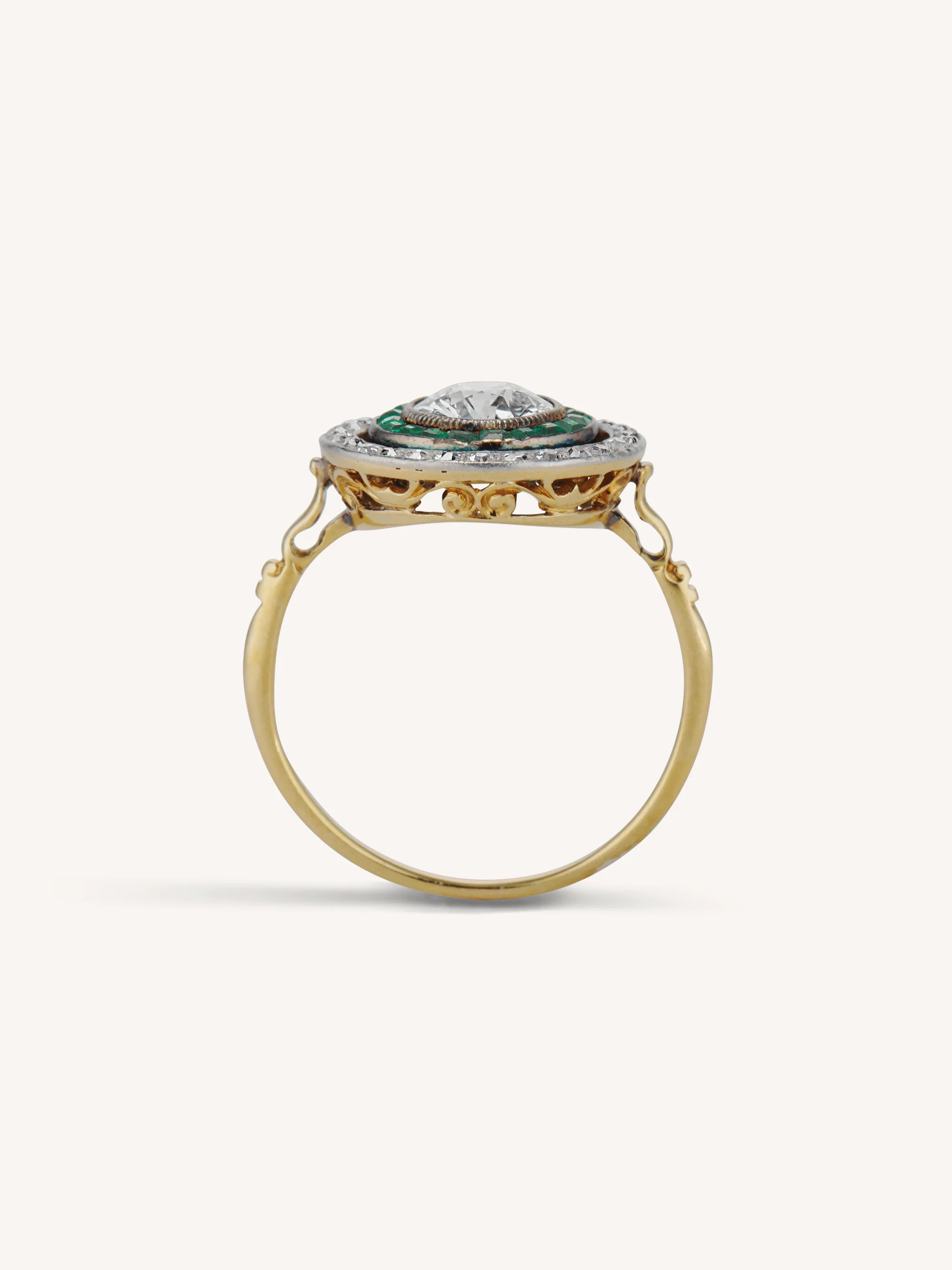 Art Deco 1.30 Carat Antique Old European Cut Diamond & Emerald Target Ring - Image 7