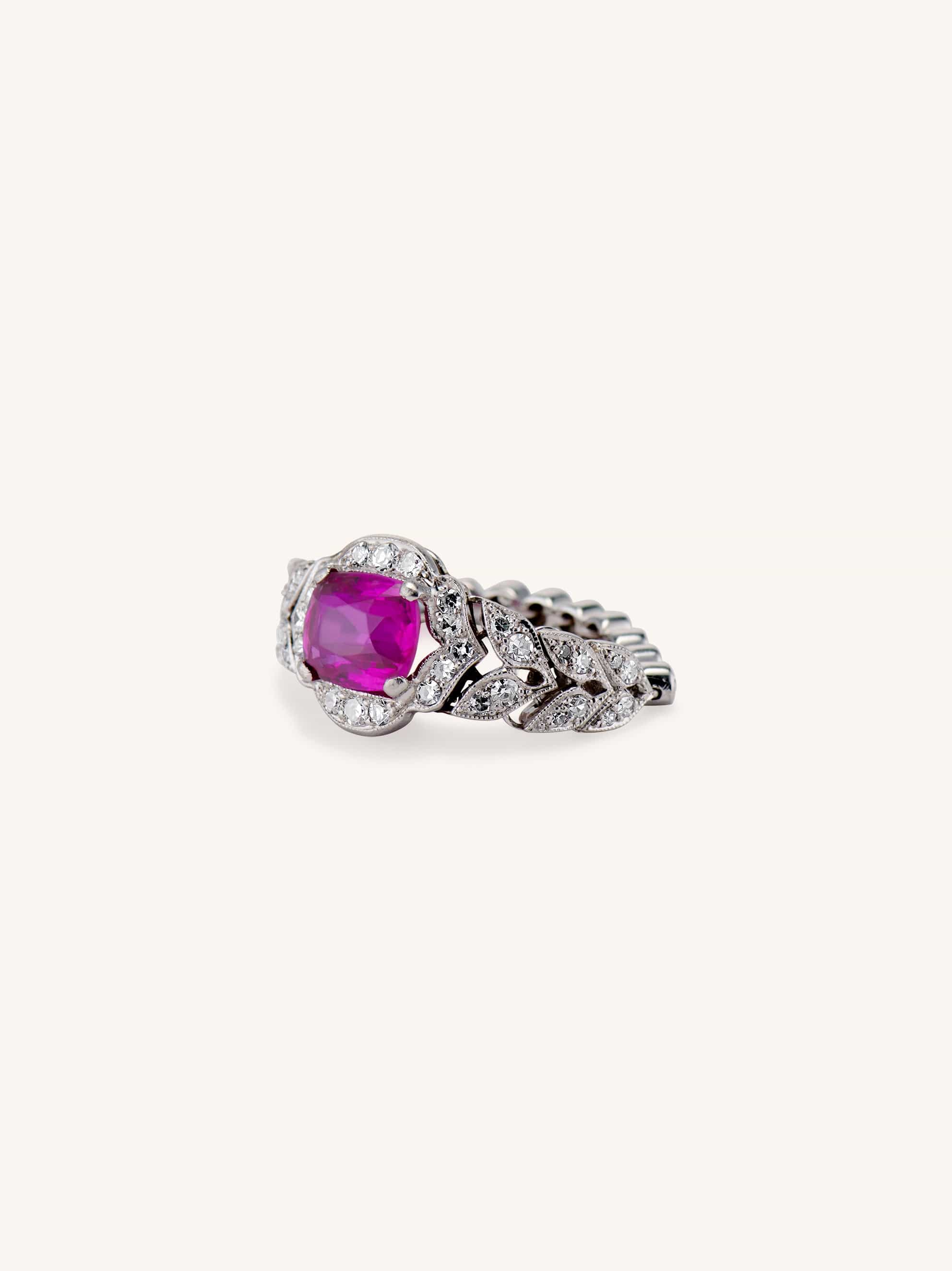 Art Deco 1.55 Carat Cushion Cut Ruby and Diamond Flexible Ring - Image 2