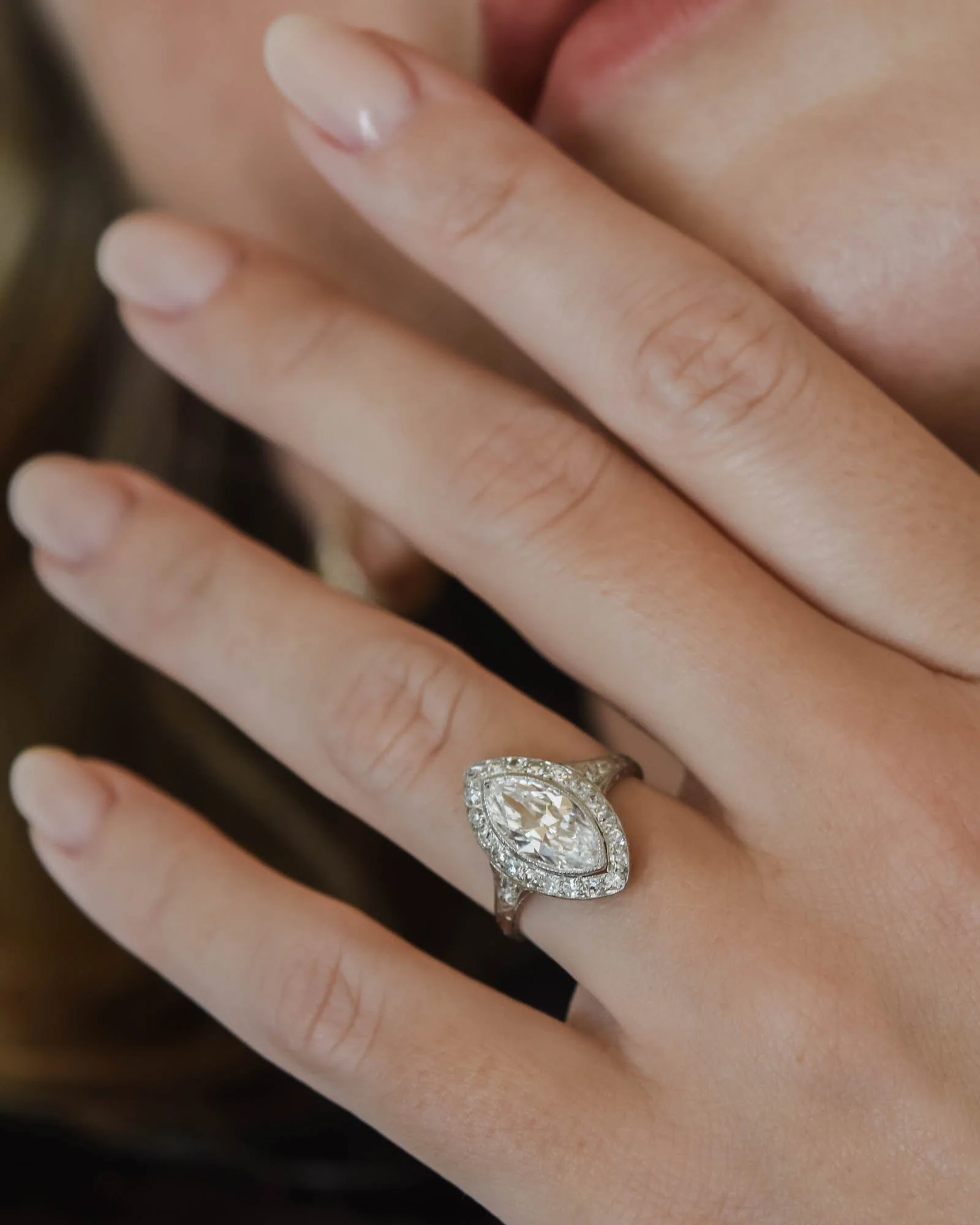 Art Deco 1.58 Carat Marquise Diamond Navette Engagement Ring - Image 2