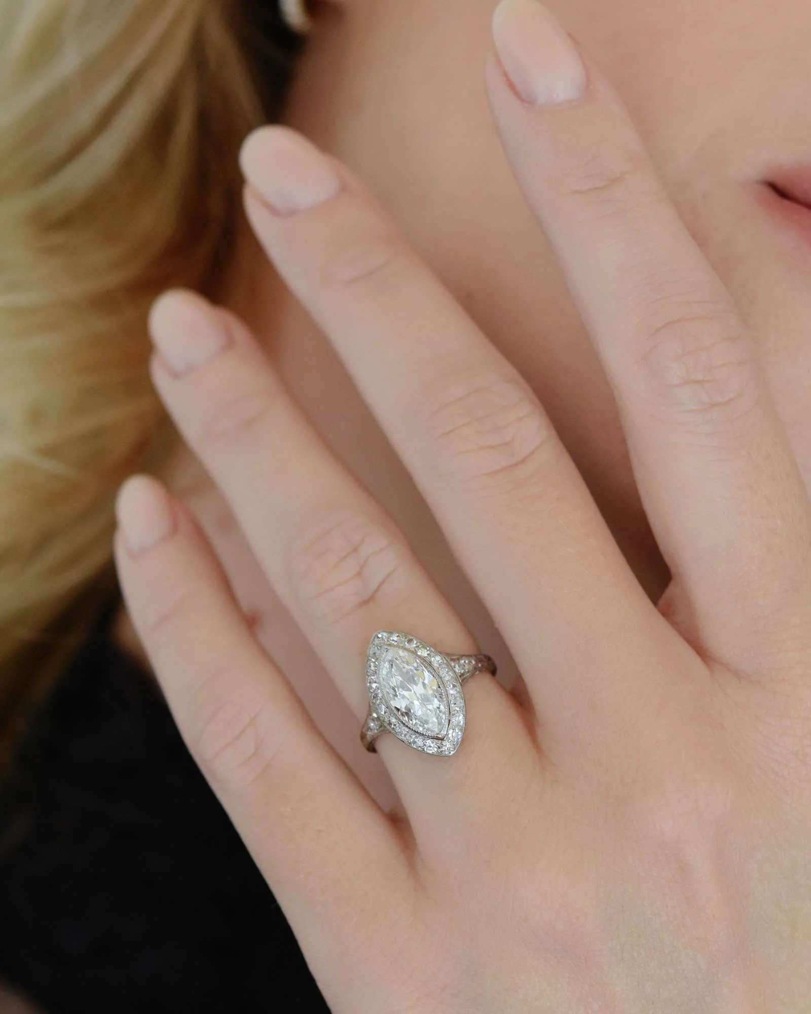 Art Deco 1.58 Carat Marquise Diamond Navette Engagement Ring - Image 6