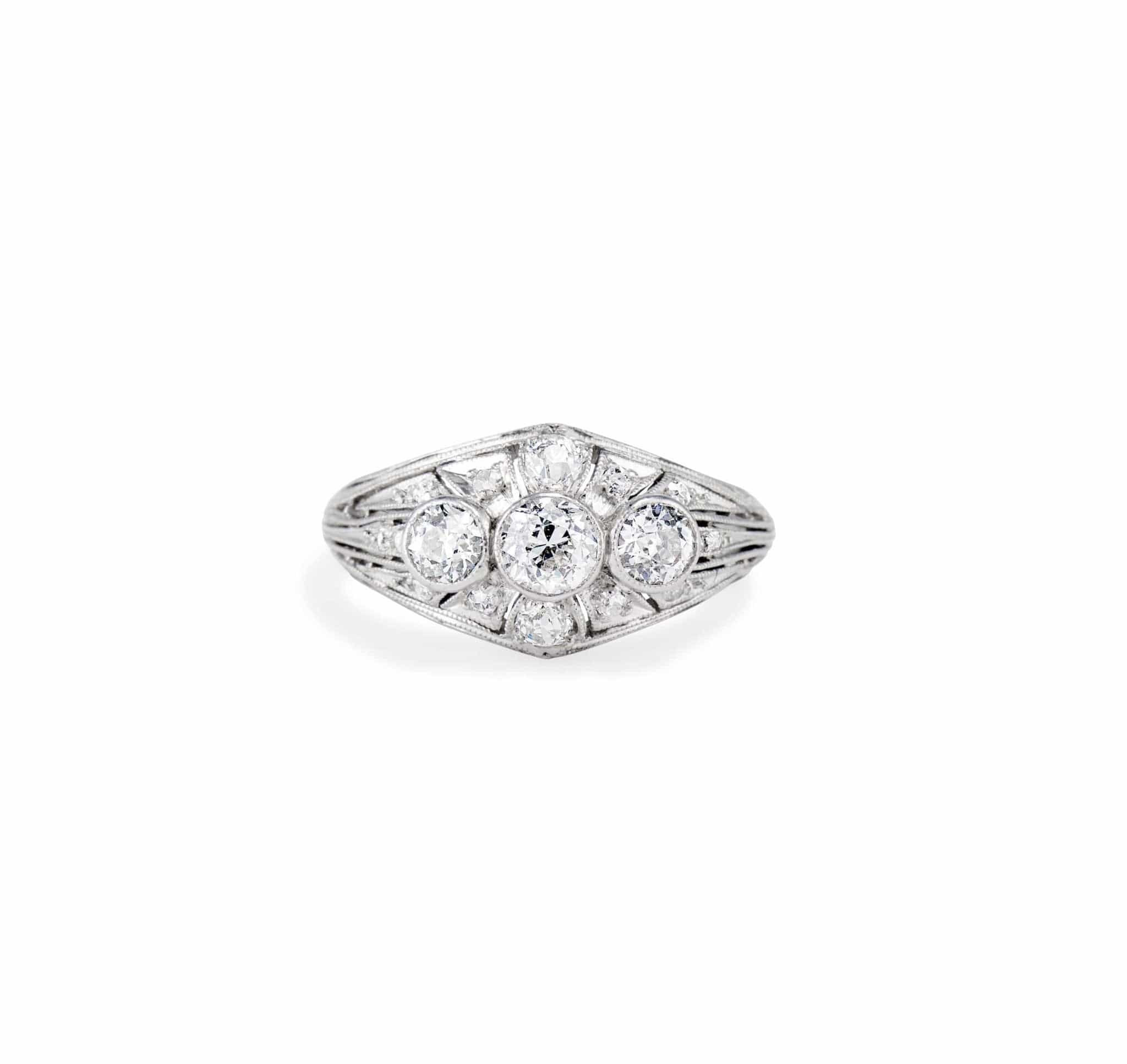 Art Deco Gorham Co. Three Stone Diamond and Platinum Filagree Dome Ring - Image 2