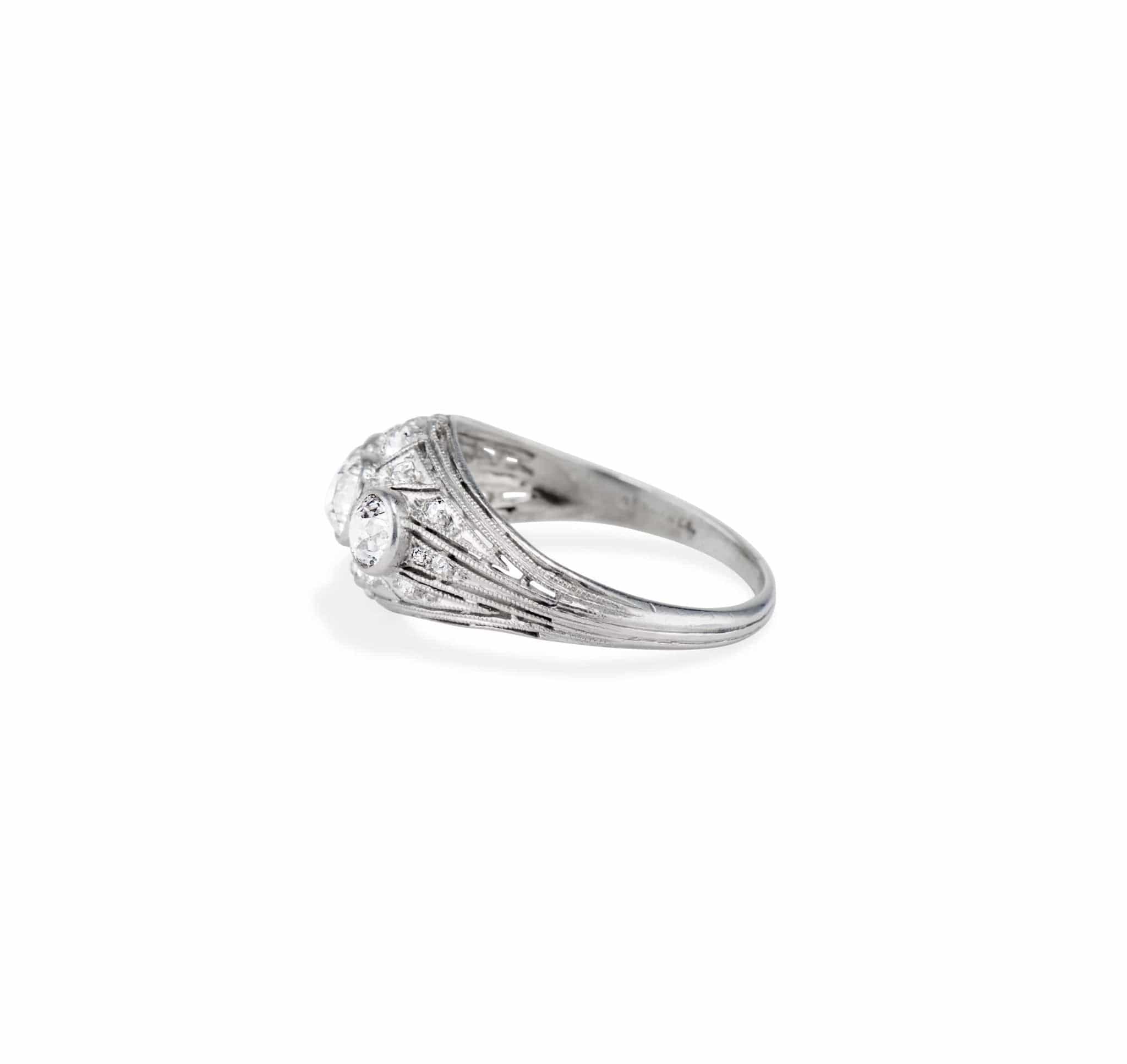 Art Deco Gorham Co. Three Stone Diamond and Platinum Filagree Dome Ring - Image 3