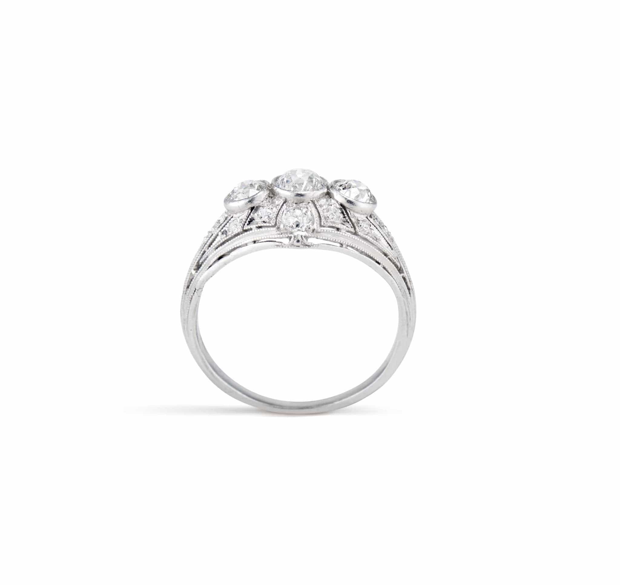 Art Deco Gorham Co. Three Stone Diamond and Platinum Filagree Dome Ring - Image 4