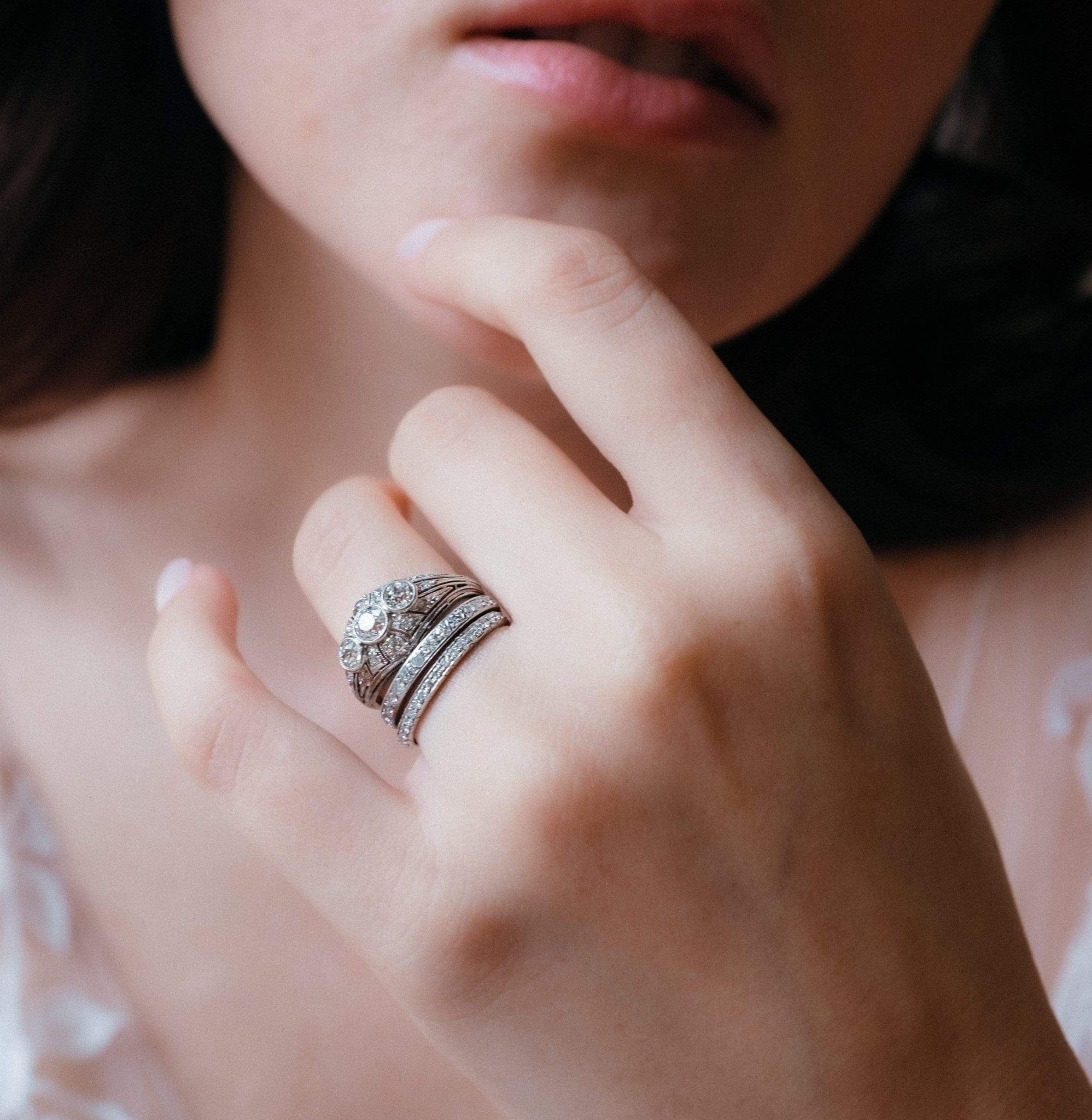 Art Deco Gorham Co. Three Stone Diamond and Platinum Filagree Dome Ring - Image 6