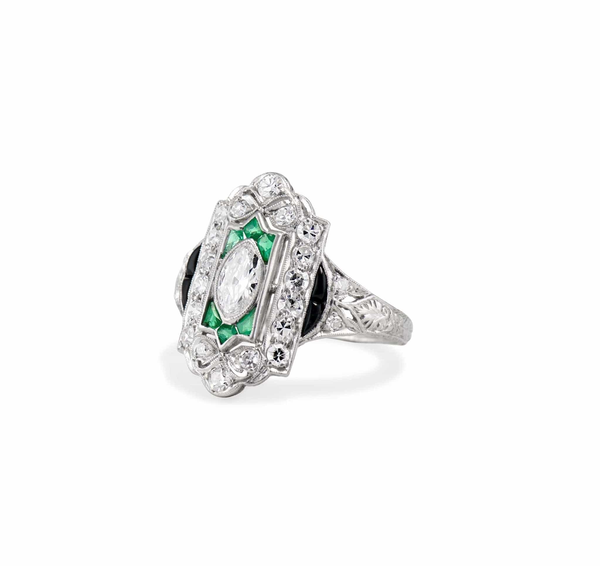 Art Deco .35 Carat Diamond Emerald and Onyx Engagement Ring - Image 2