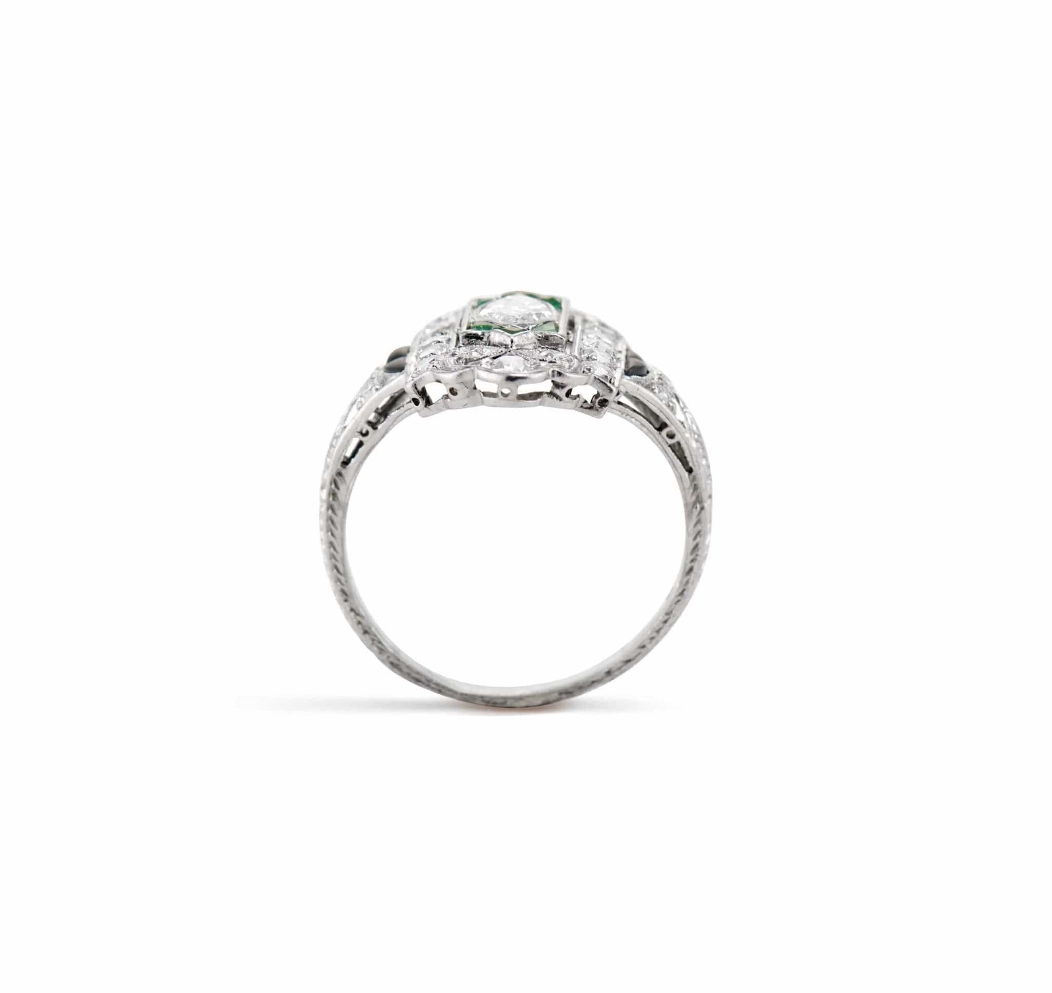 Art Deco .35 Carat Diamond Emerald and Onyx Engagement Ring - Image 4