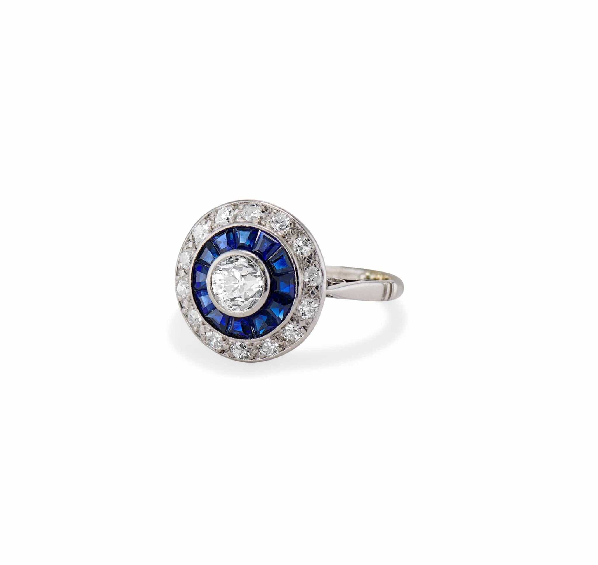Art Deco .40 Carat Old European-Cut Diamond and Sapphire Target Ring, France - Image 2