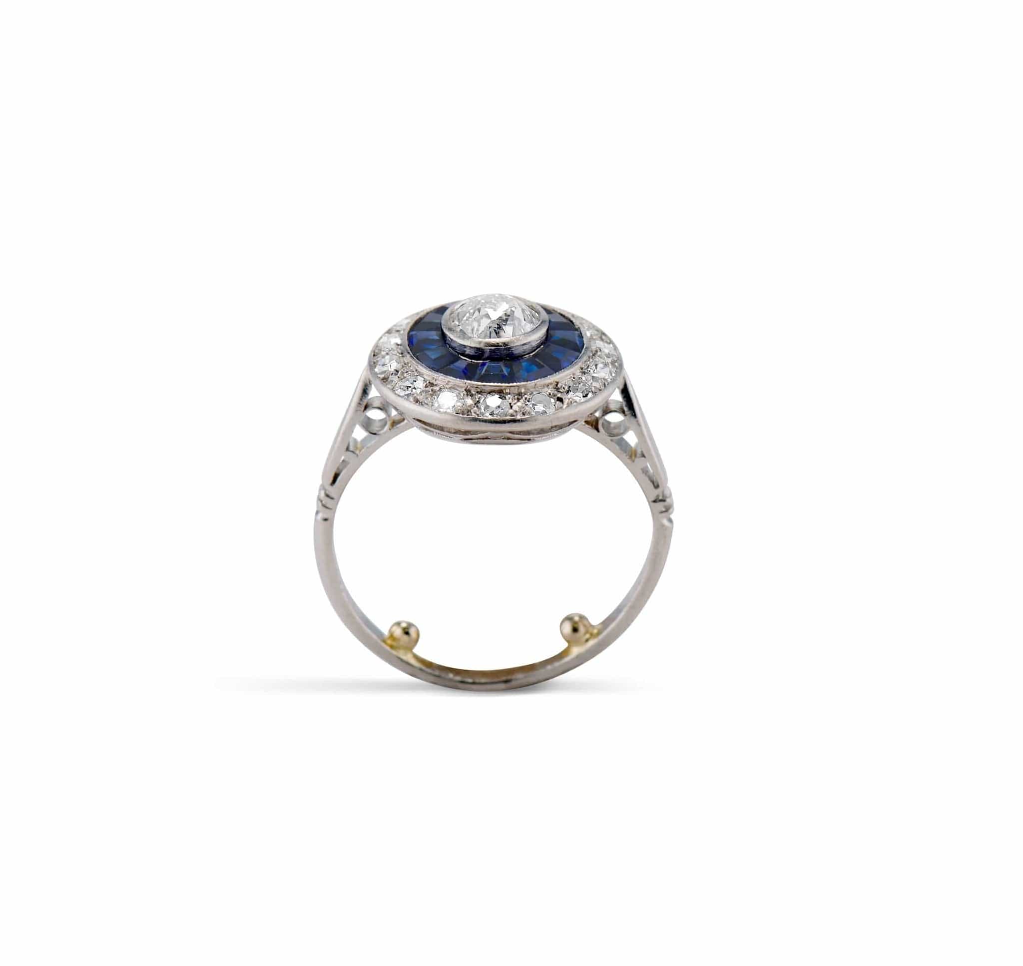 Art Deco .40 Carat Old European-Cut Diamond and Sapphire Target Ring, France - Image 4