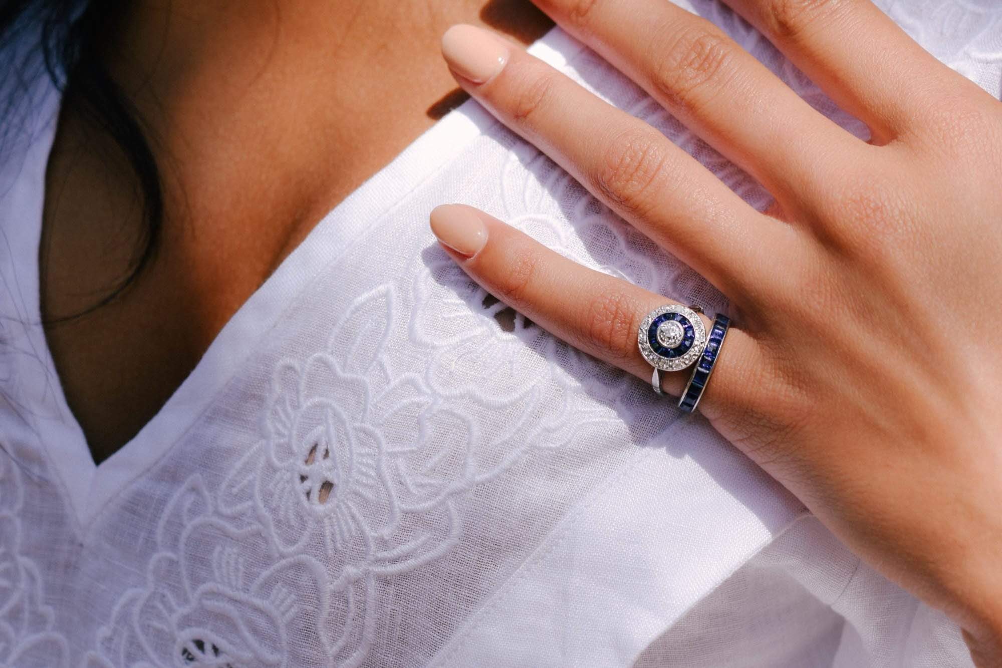 Art Deco .40 Carat Old European-Cut Diamond and Sapphire Target Ring, France - Image 5