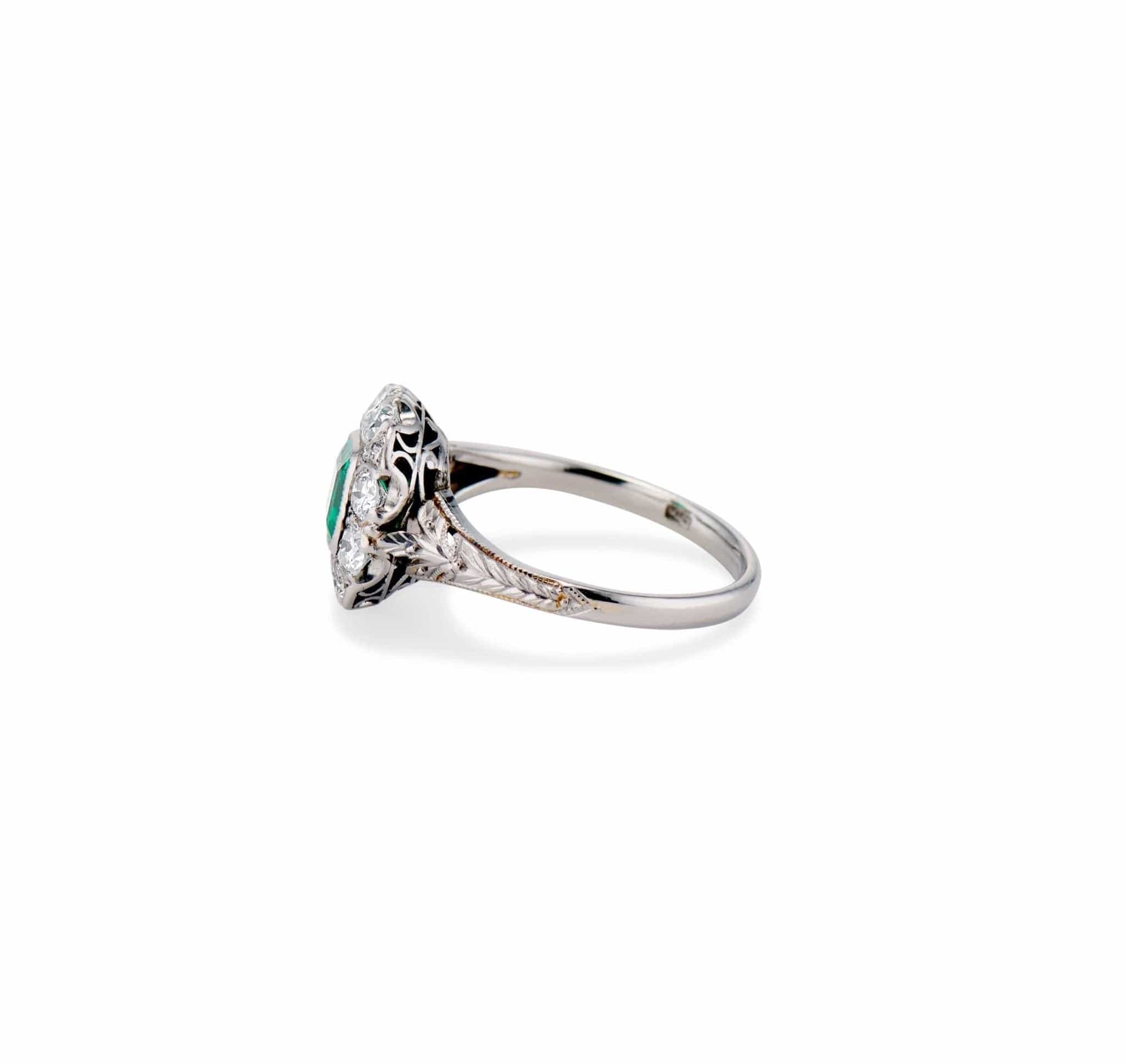 Art Deco .40 Carat Colombian Emerald and Diamond With Palm Engravings Engagement Ring - Image 2