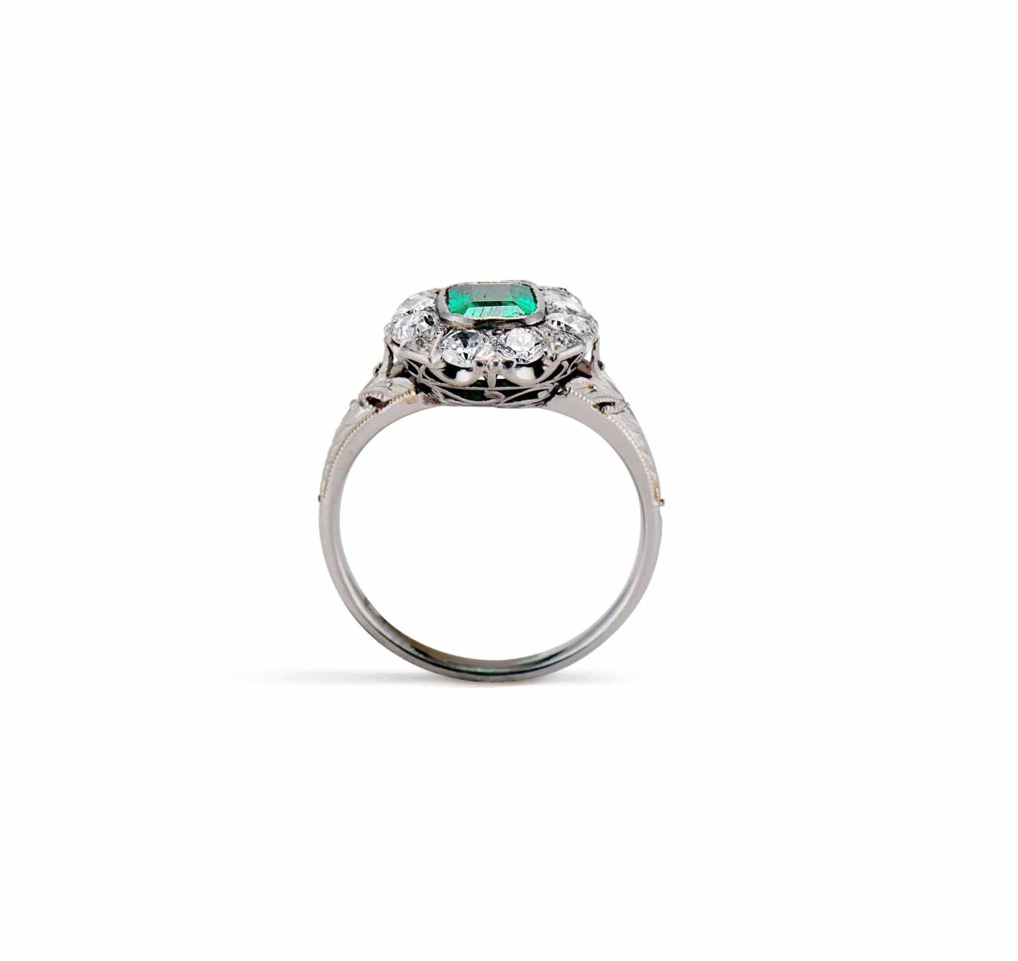 Art Deco .40 Carat Colombian Emerald and Diamond With Palm Engravings Engagement Ring - Image 3