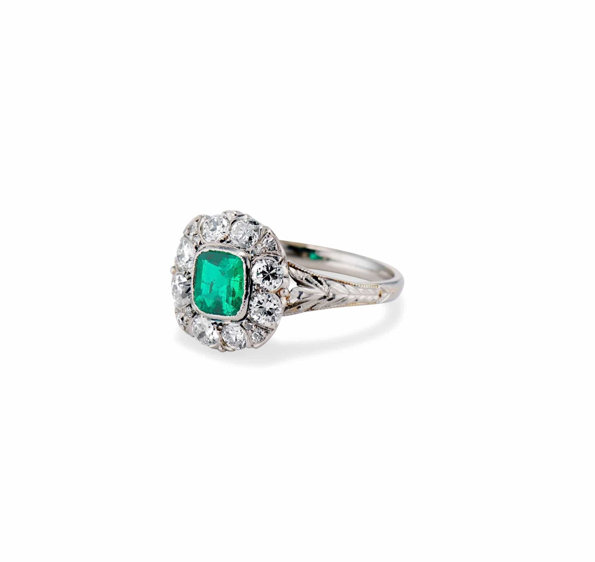 Art Deco .40 Carat Colombian Emerald and Diamond With Palm Engravings Engagement Ring - Image 4