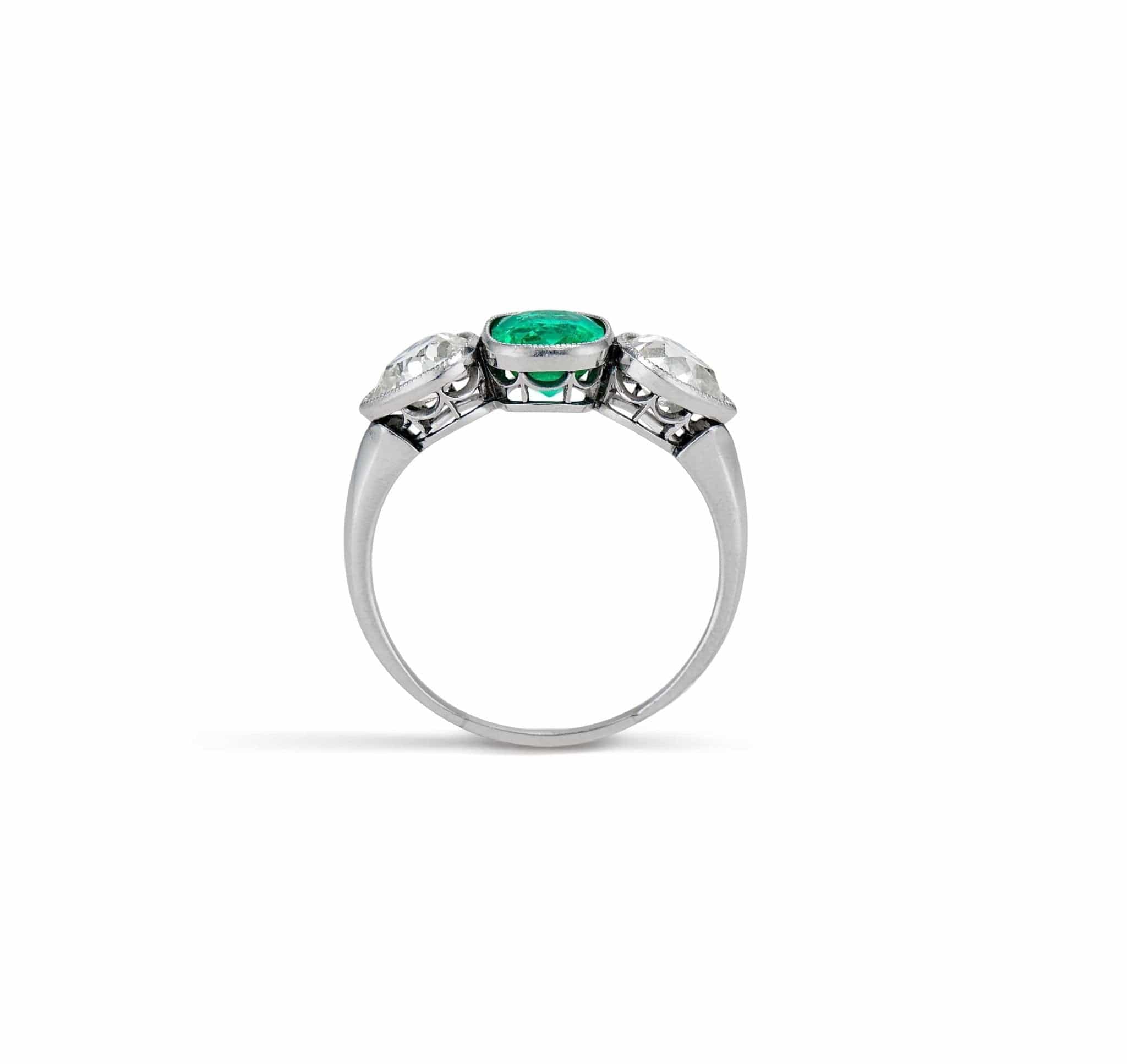 Art Deco Cushion-Cut Colombian Emerald and Diamond Three Stone Ring - Image 4