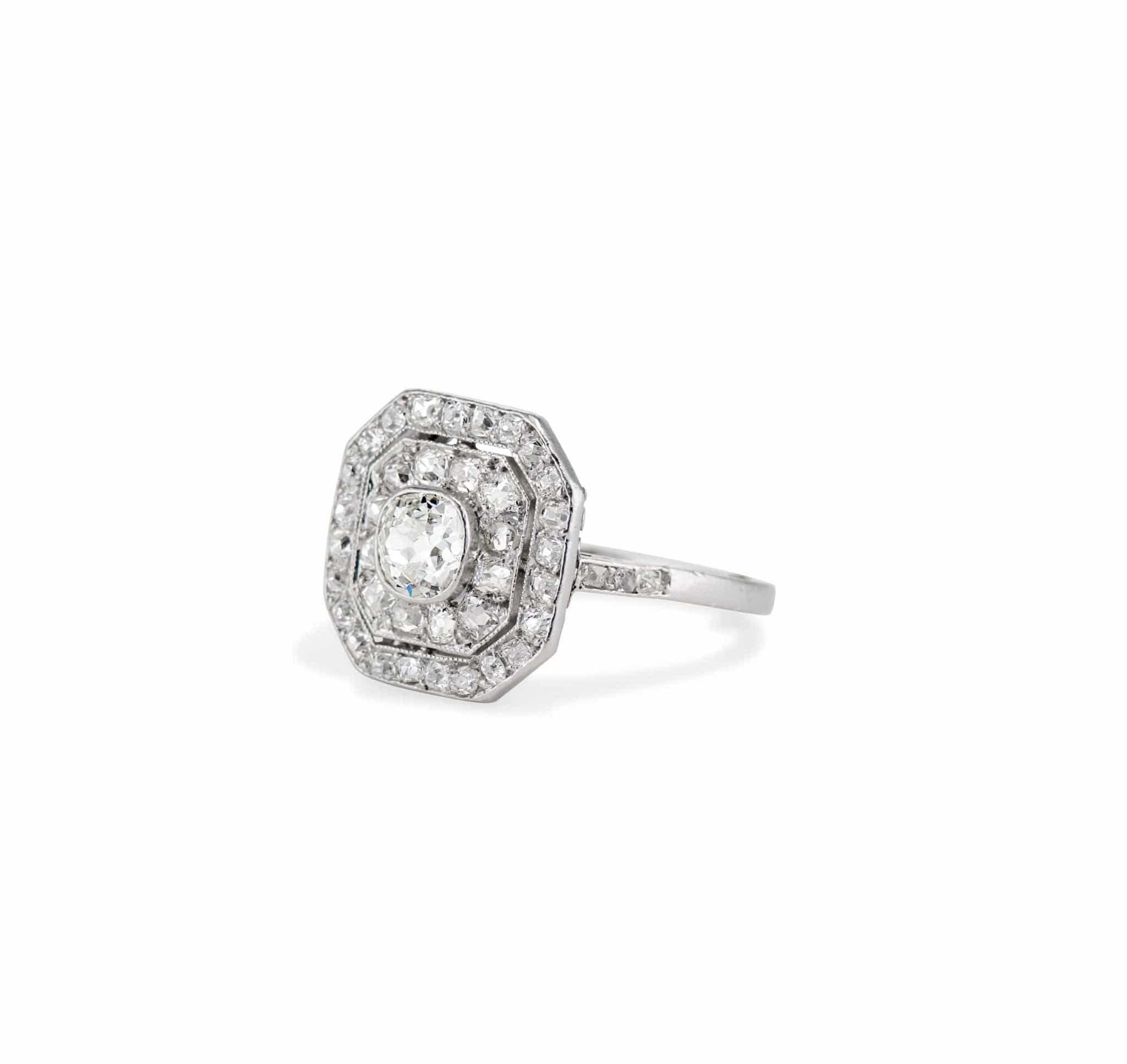 Art Deco Old Mine Cushion Diamond and Platinum Octagonal Diamond Engagement Ring, French - Image 2