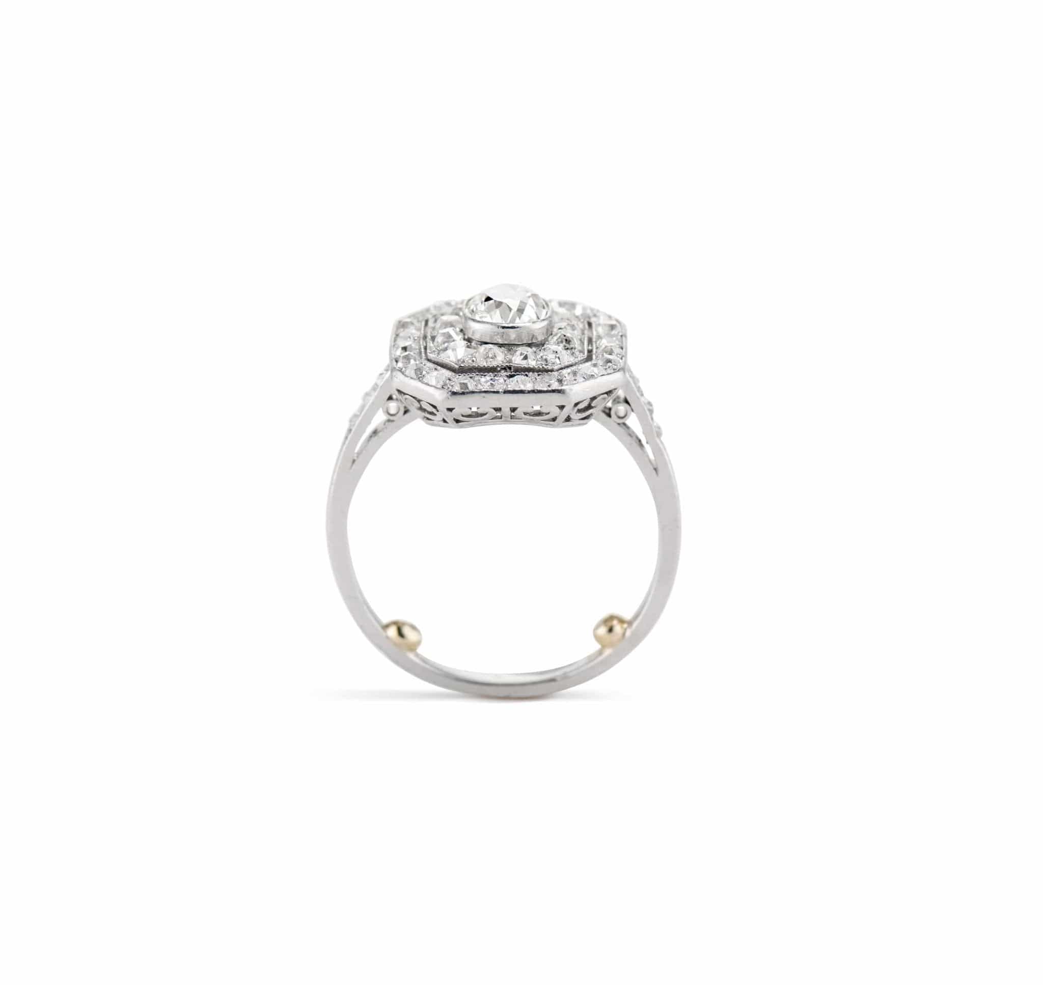 Art Deco Old Mine Cushion Diamond and Platinum Octagonal Diamond Engagement Ring, French - Image 4