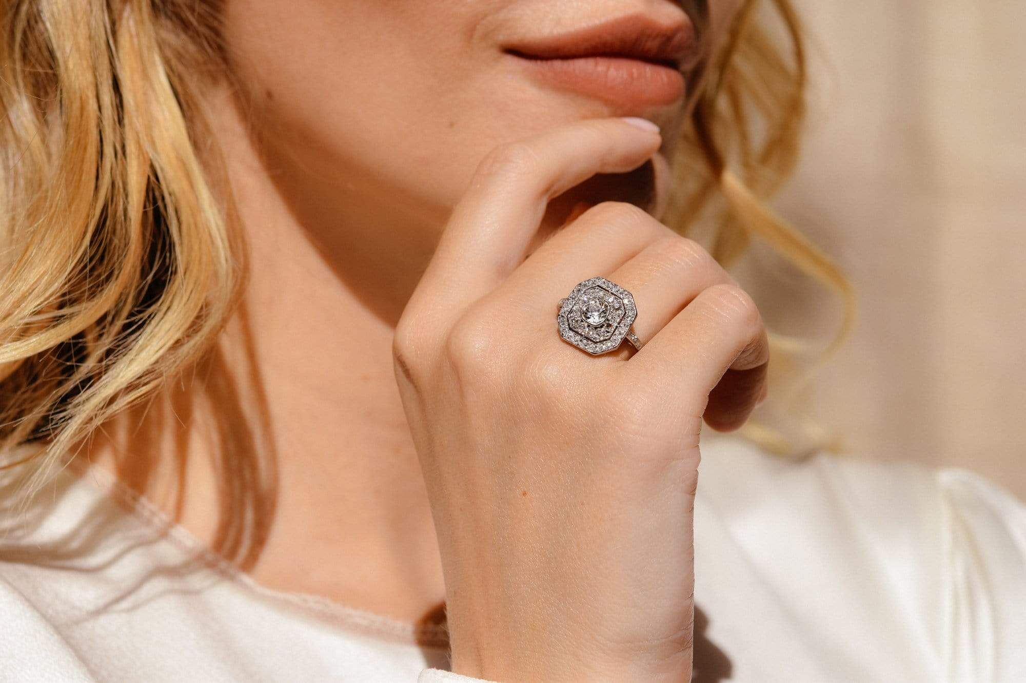 Art Deco Old Mine Cushion Diamond and Platinum Octagonal Diamond Engagement Ring, French - Image 5
