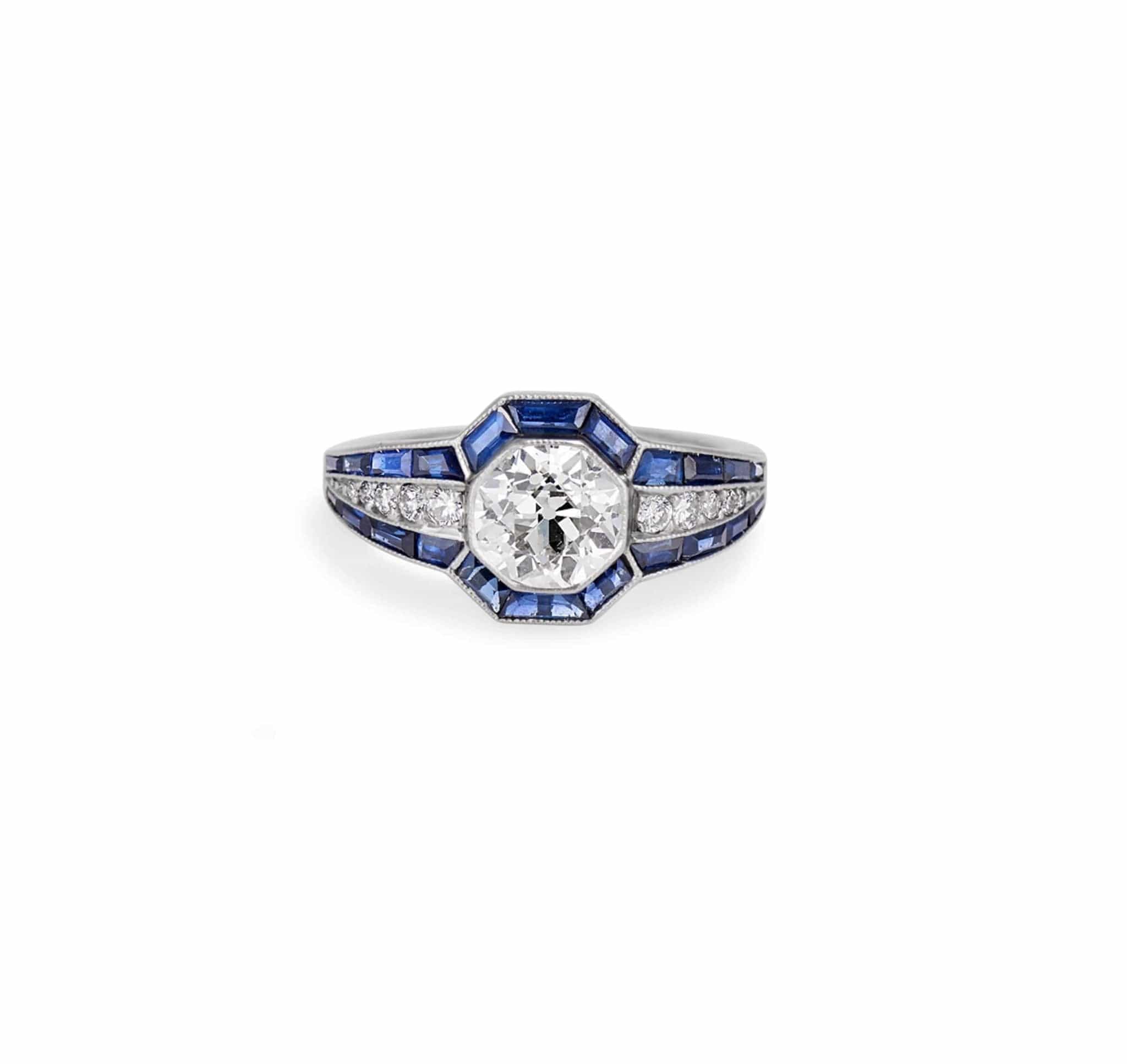 Art Deco 1.35 Carat Old European Cut Diamond & Sapphire Ring - Image 2