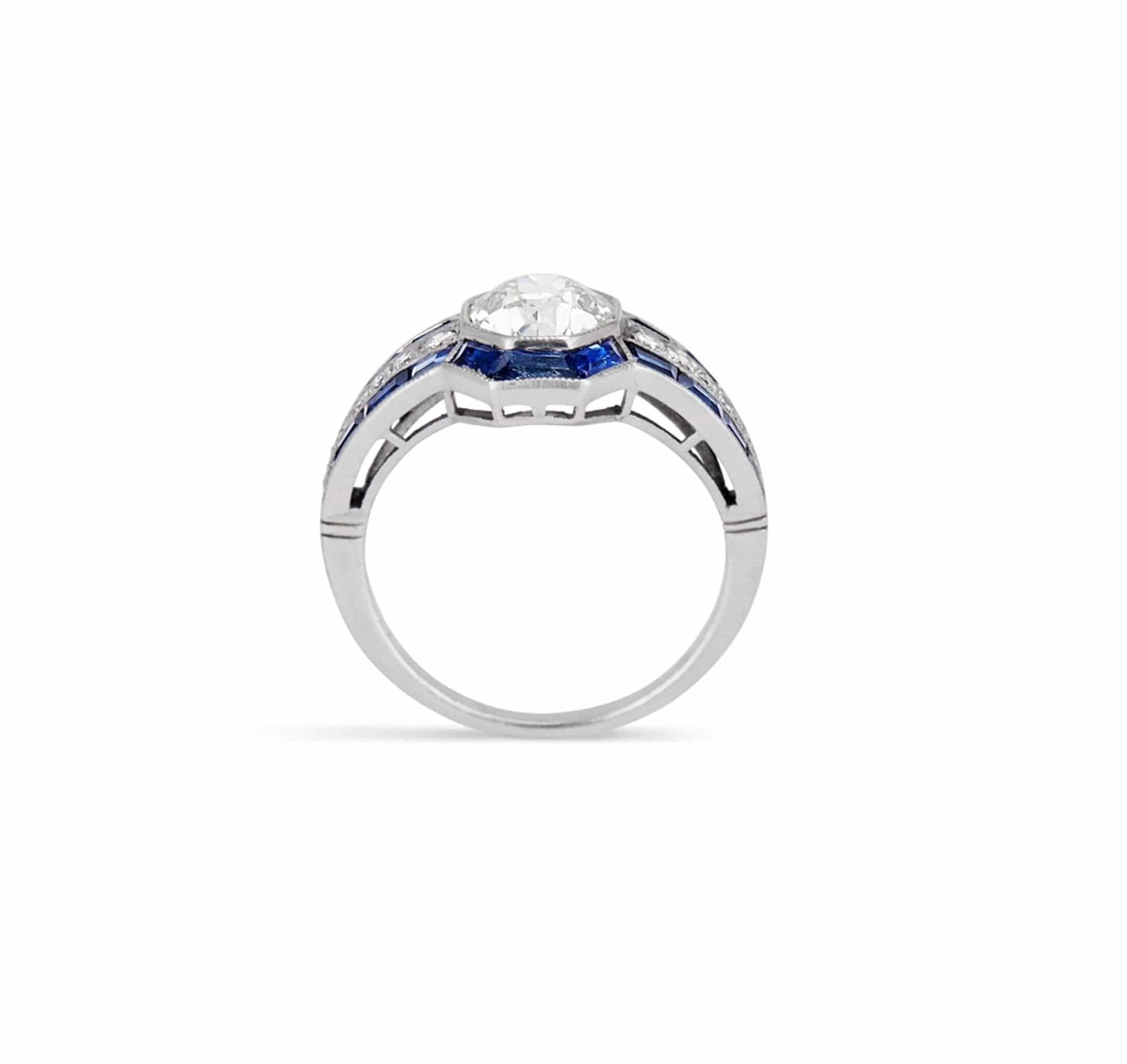 Art Deco 1.35 Carat Old European Cut Diamond & Sapphire Ring - Image 3