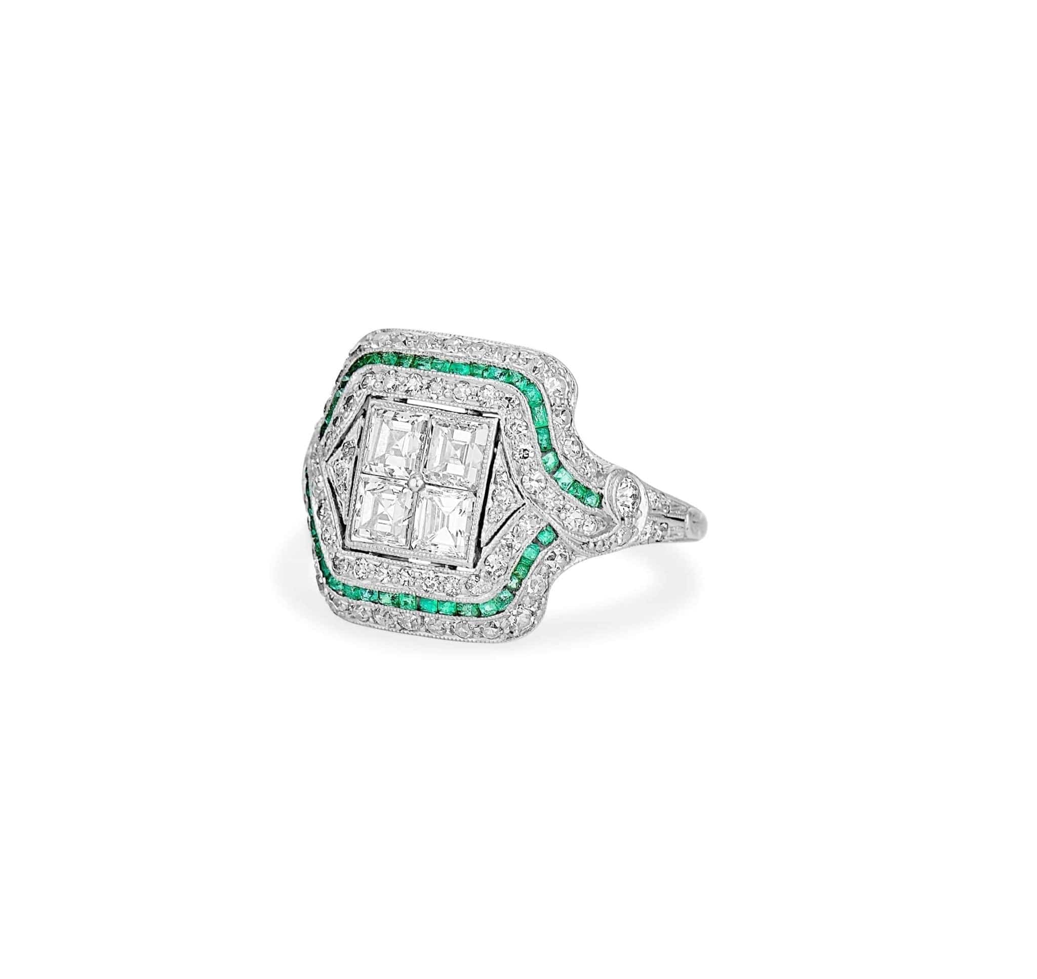 Art Deco Carre Cut Diamond & Emerald Ring - Image 2