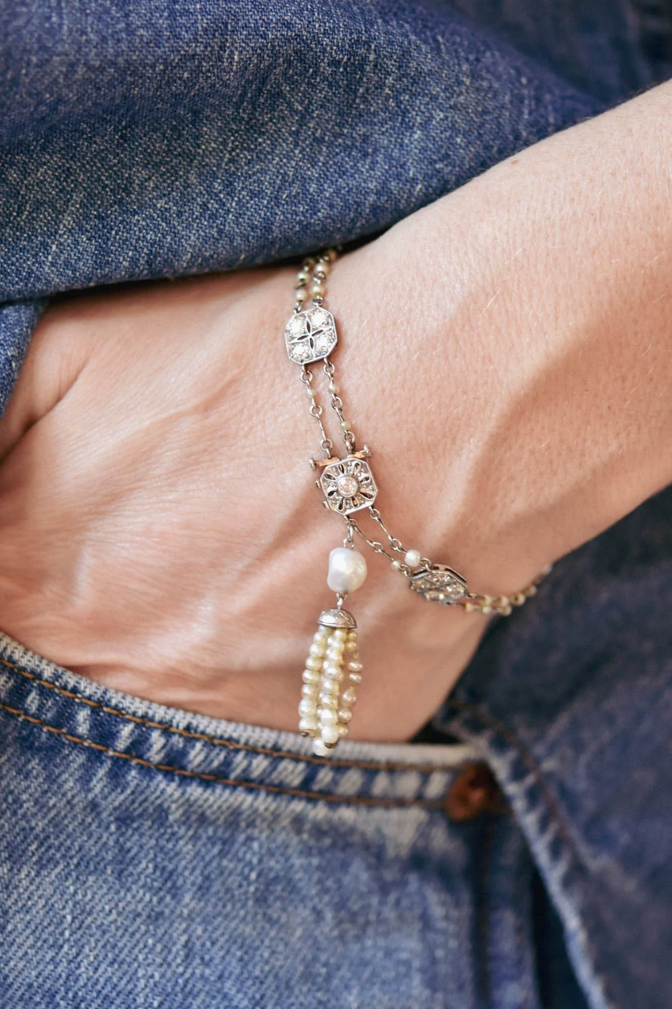 Art Deco Diamond & Pearl Tassel Antique Bracelet - Image 2