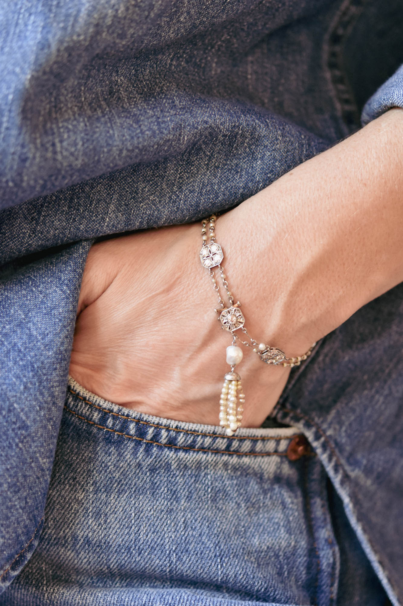 Art Deco Diamond & Pearl Tassel Antique Bracelet - Image 6