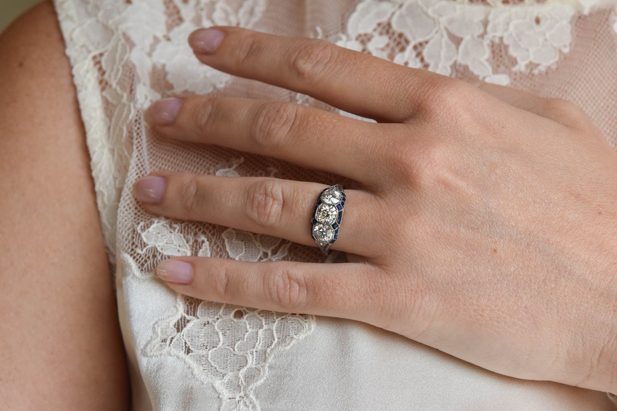 Art Deco Diamond Three Stone with Calibre Cut Sapphire Vintage Engagement Ring - Image 3
