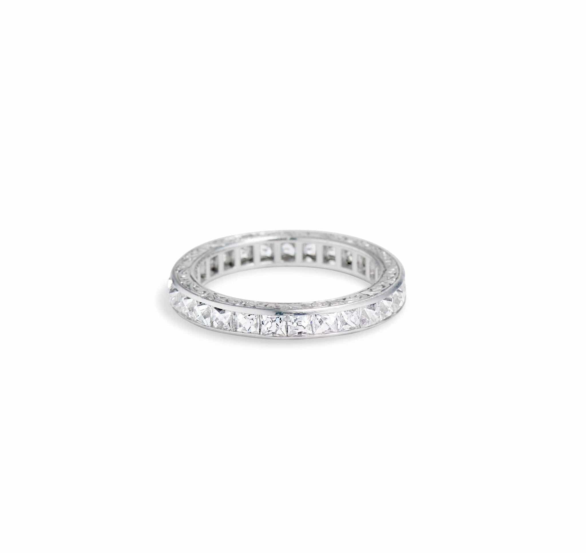 Art Deco French Cut Diamond and Platinum Engraved Wedding Band - Image 2