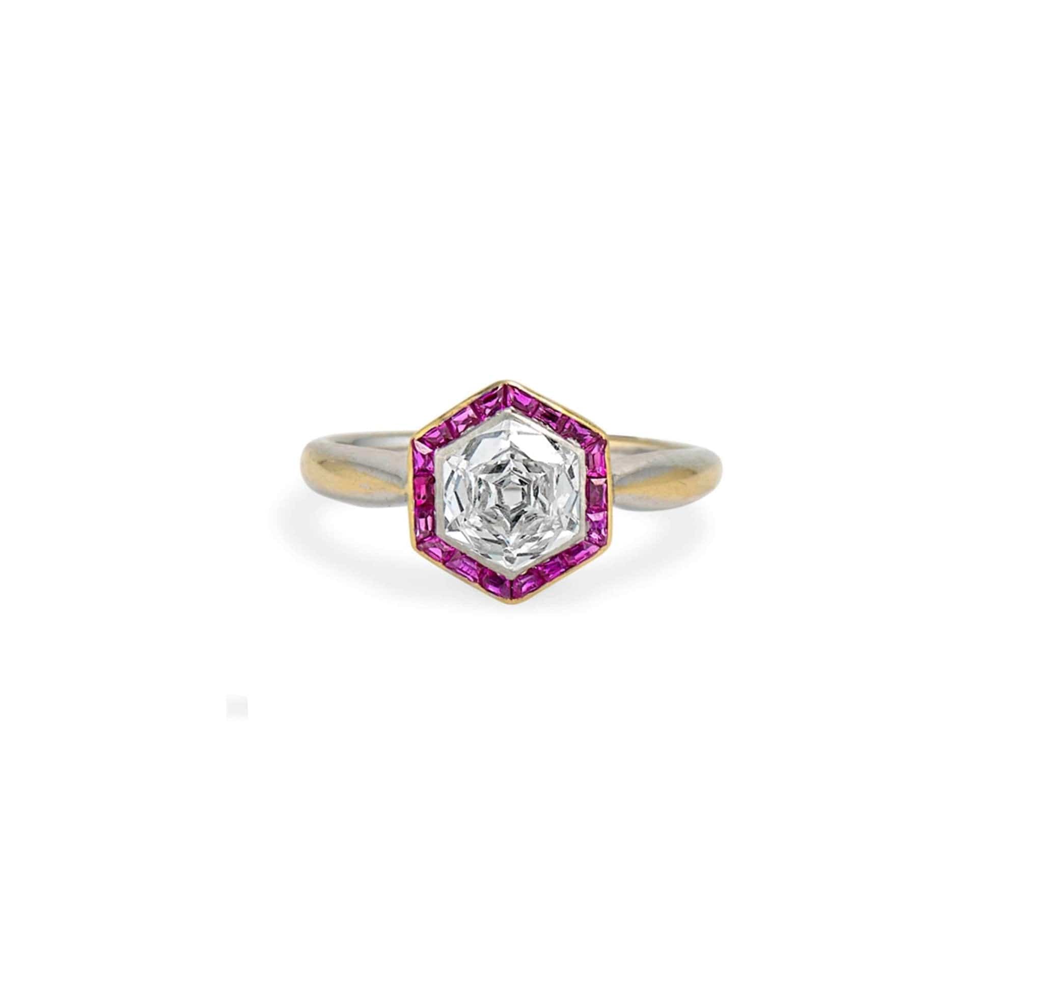 Art Deco Hexagonal-cut Diamond and Ruby Engagement Ring - Image 2