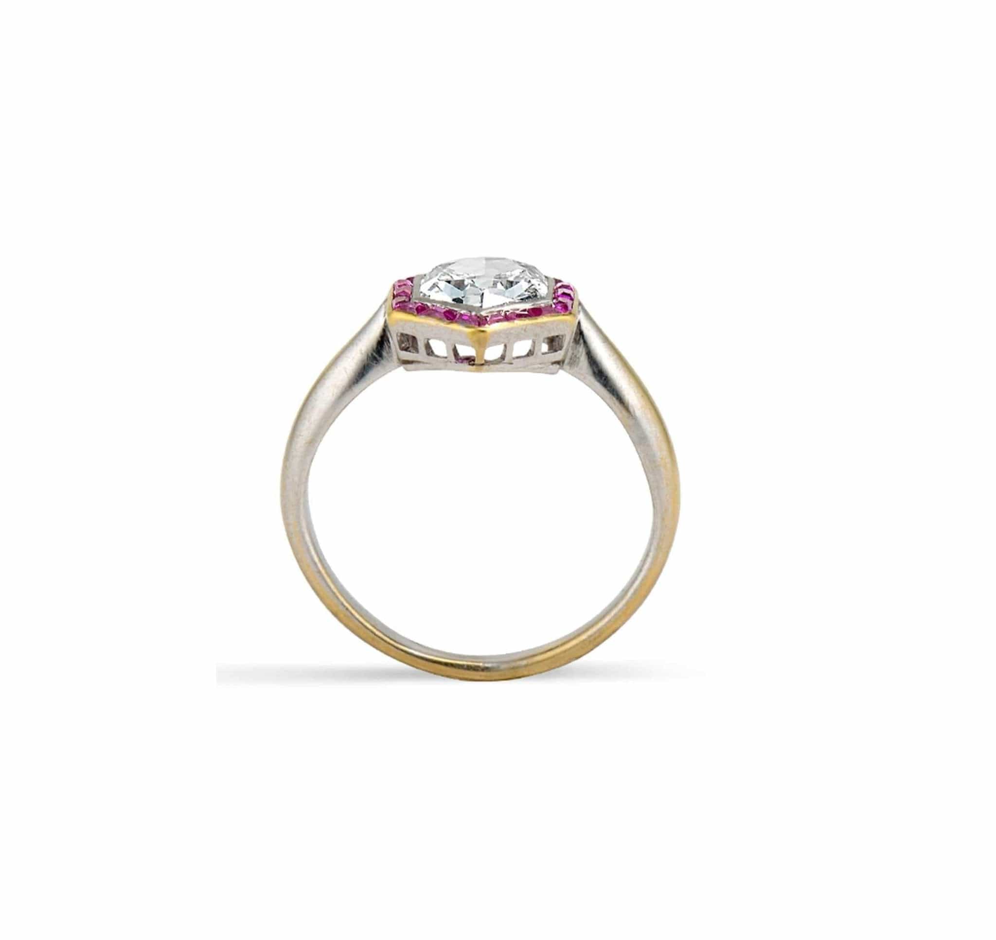 Art Deco Hexagonal-cut Diamond and Ruby Engagement Ring - Image 4