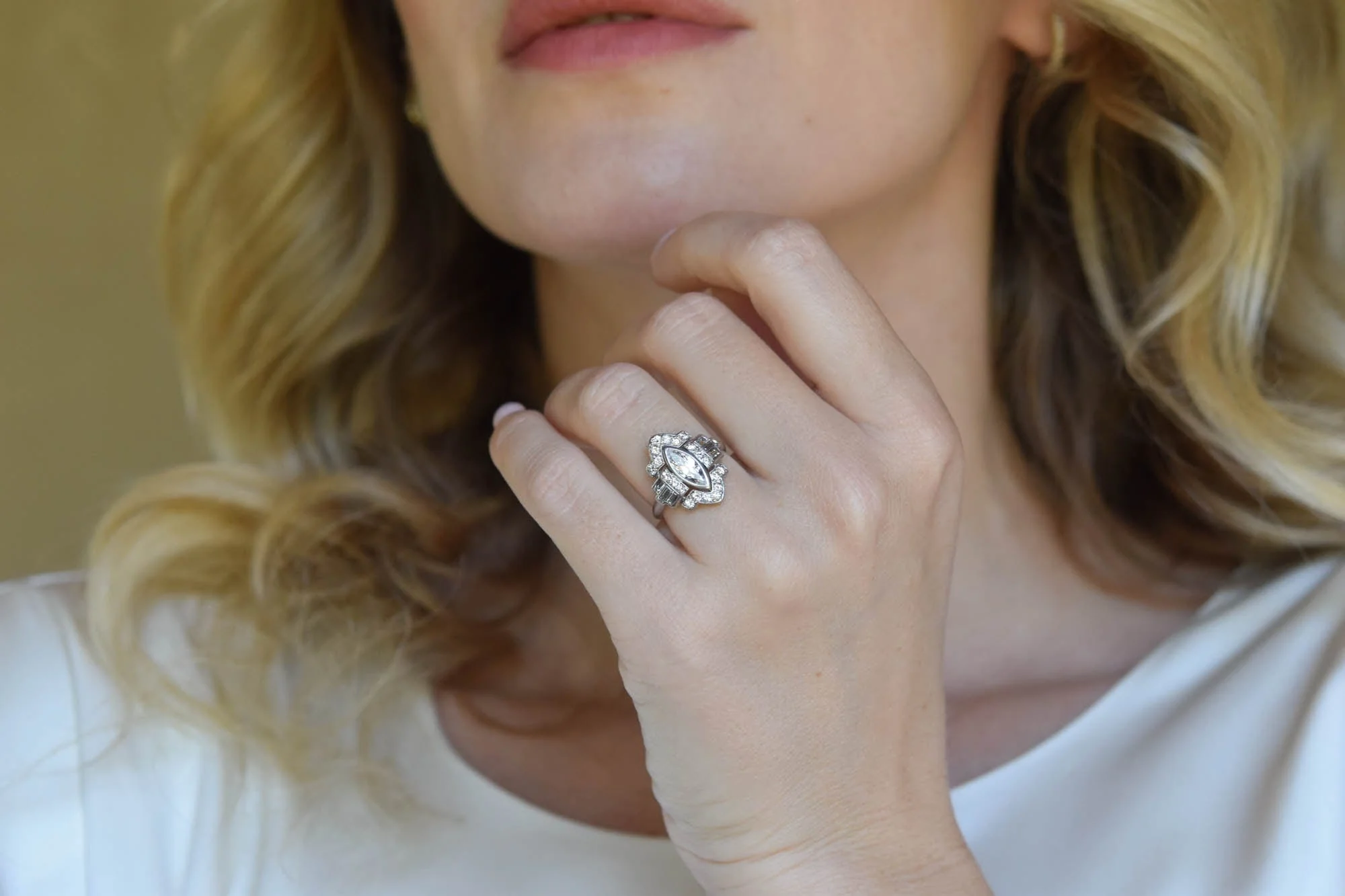 Art Deco Marquise Cut Diamond Vintage Engagement Ring - Image 3