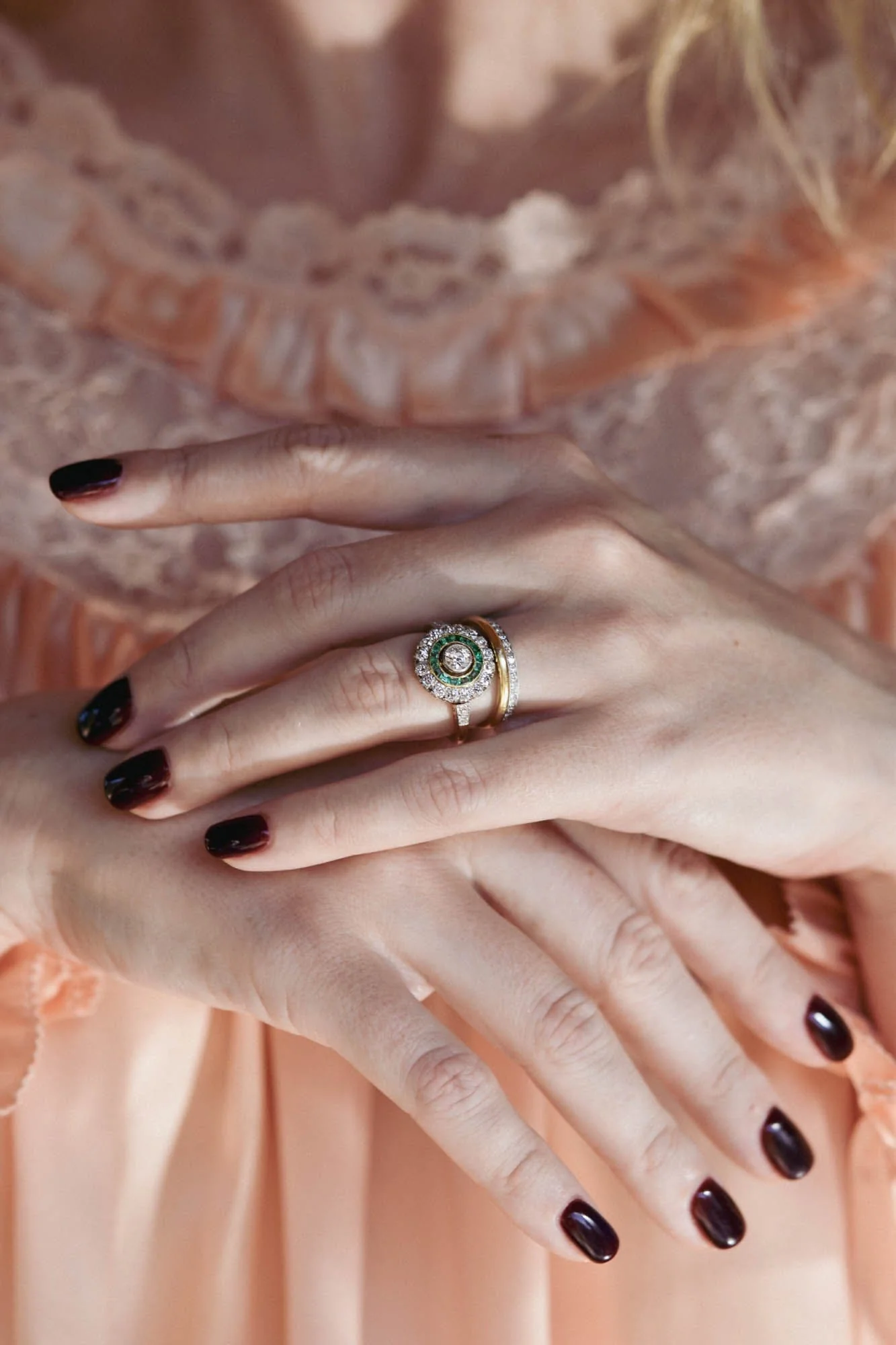 Art Deco Old European Cut Diamond & Emerald Target Engagement Ring - Image 3