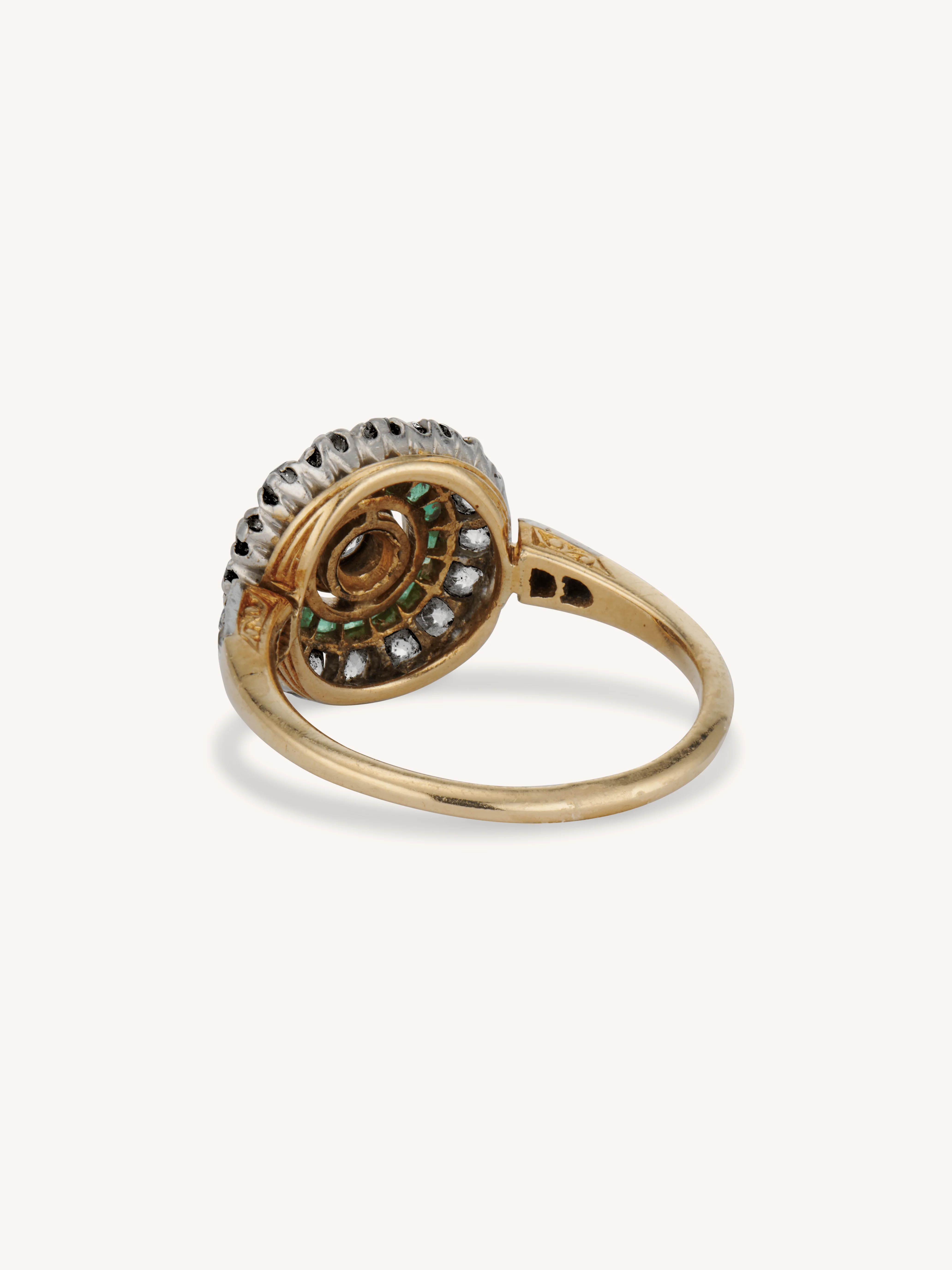 Art Deco Old European Cut Diamond & Emerald Target Engagement Ring - Image 5