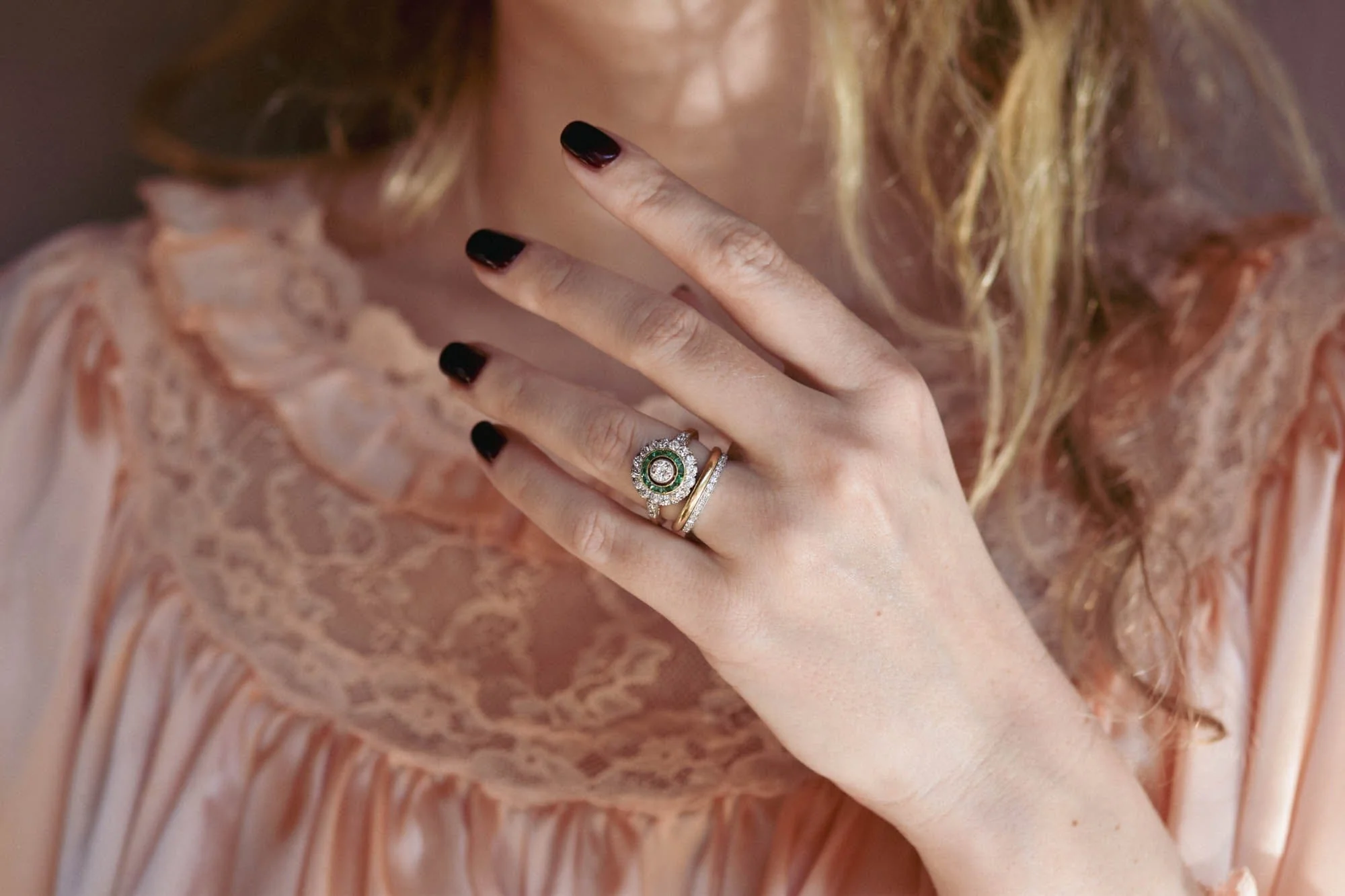 Art Deco Old European Cut Diamond & Emerald Target Engagement Ring - Image 6