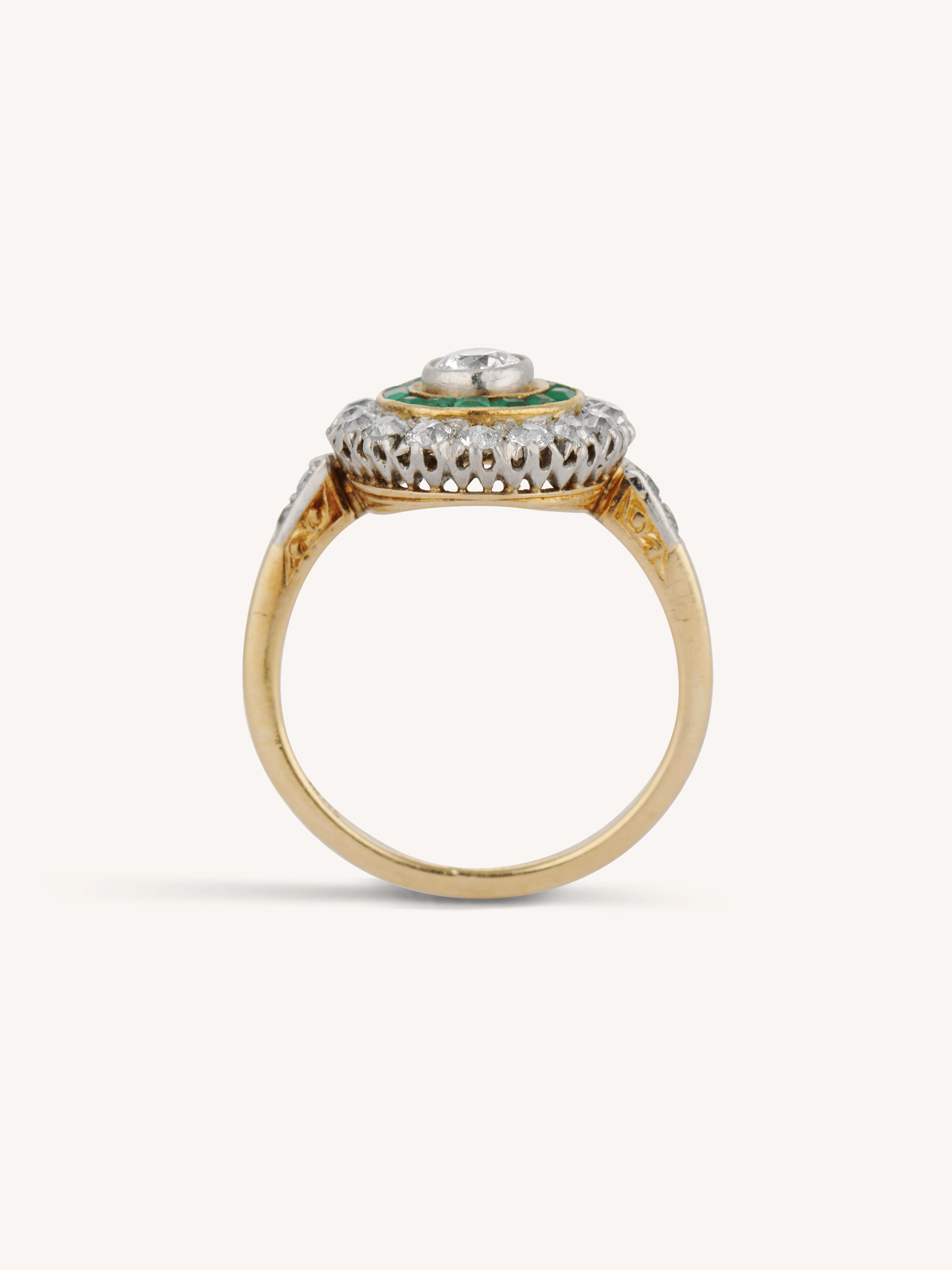 Art Deco Old European Cut Diamond & Emerald Target Engagement Ring - Image 8