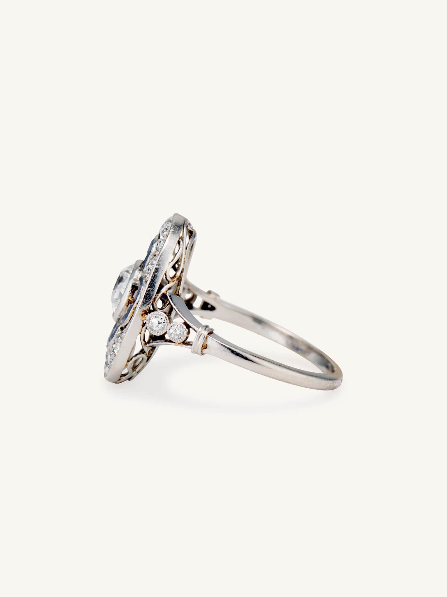Art Deco Old European Cut Diamond & Sapphire Ring, France - Image 3