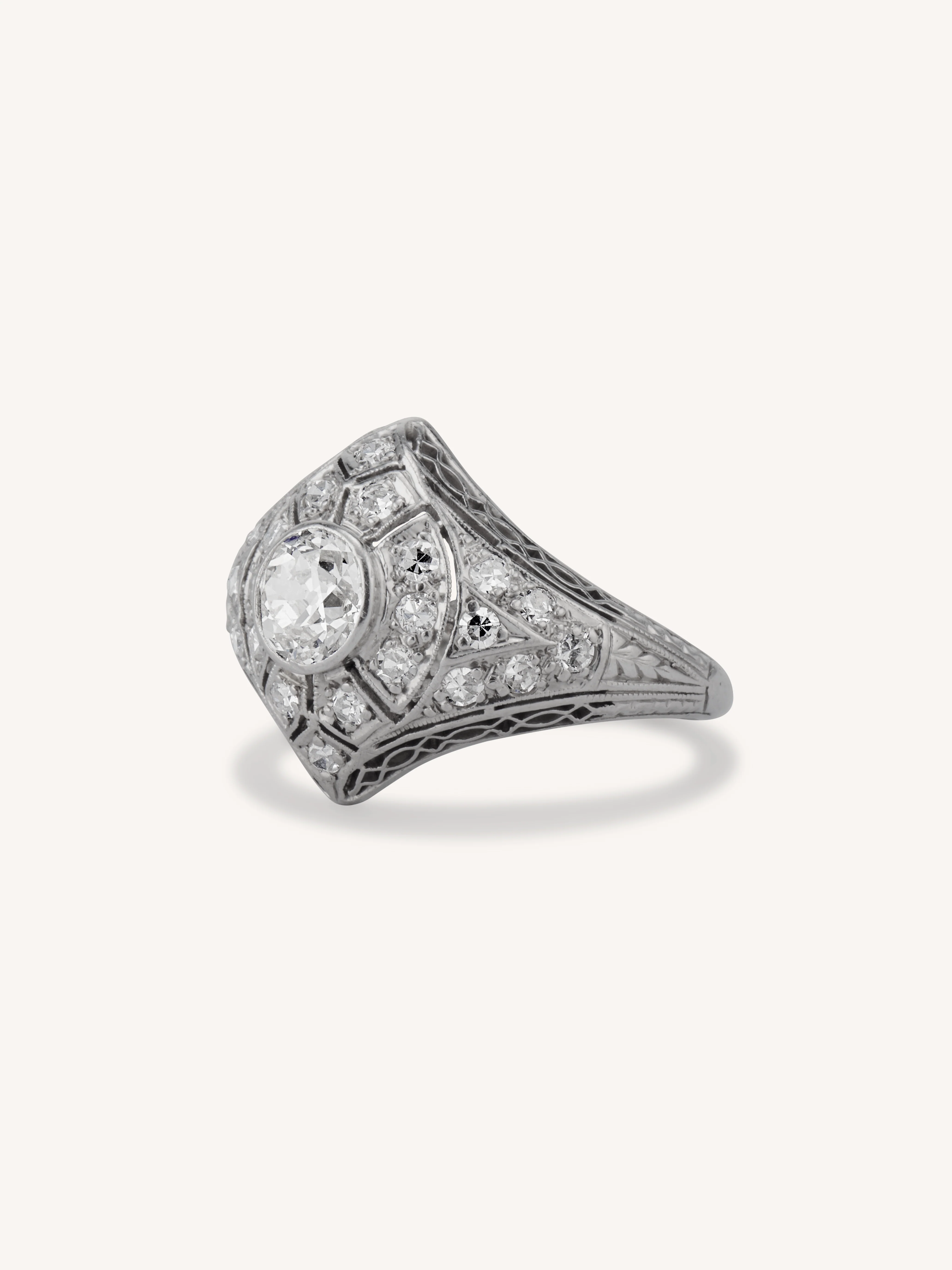 Art Deco Old European Cut Diamond Navette Shaped Vintage Engagement Ring - Image 4