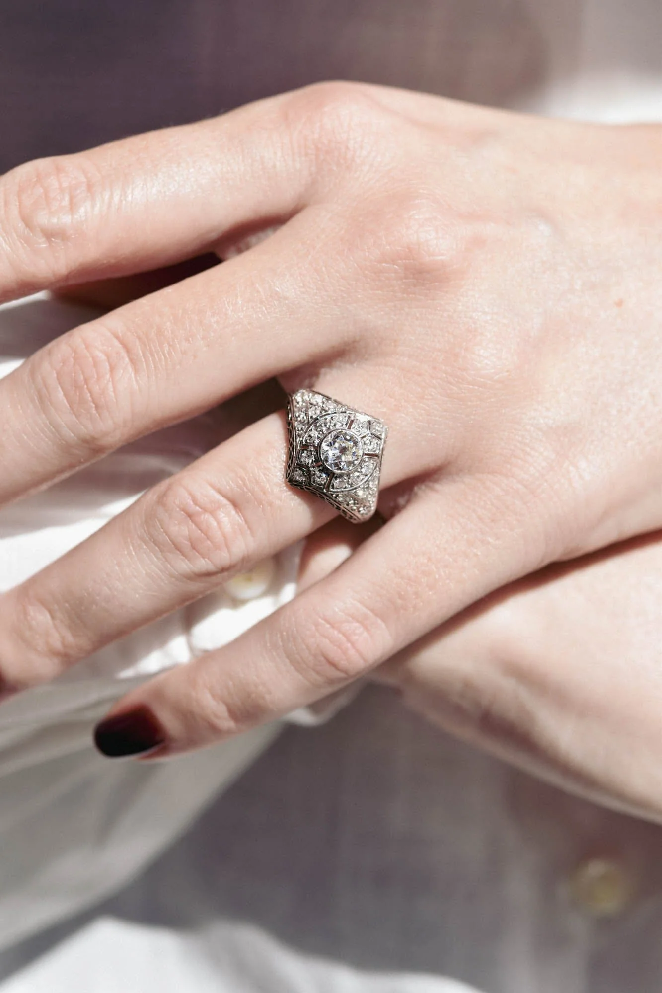 Art Deco Old European Cut Diamond Navette Shaped Vintage Engagement Ring - Image 5