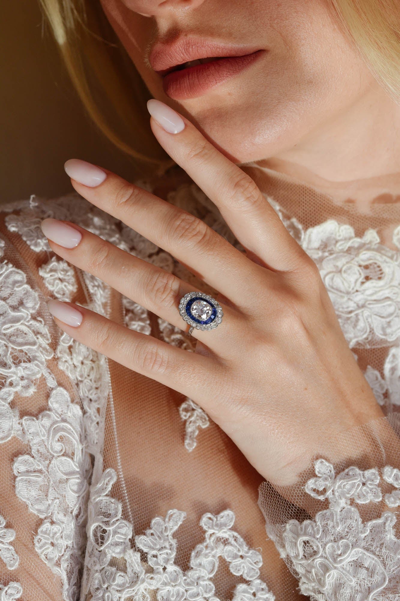 Art Deco Old Mine Cushion Cut Diamond & Sapphire Vintage Engagement Ring - Image 3