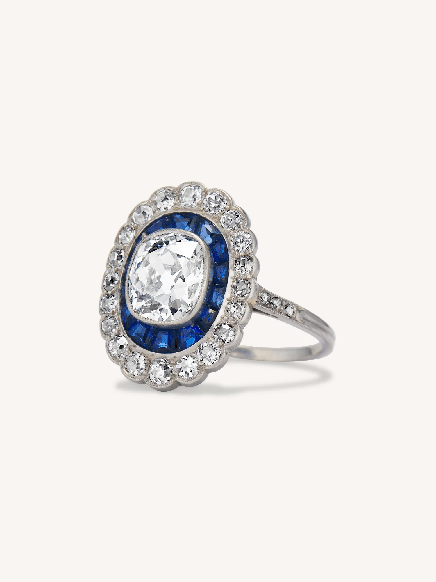 Art Deco Old Mine Cushion Cut Diamond & Sapphire Vintage Engagement Ring - Image 4