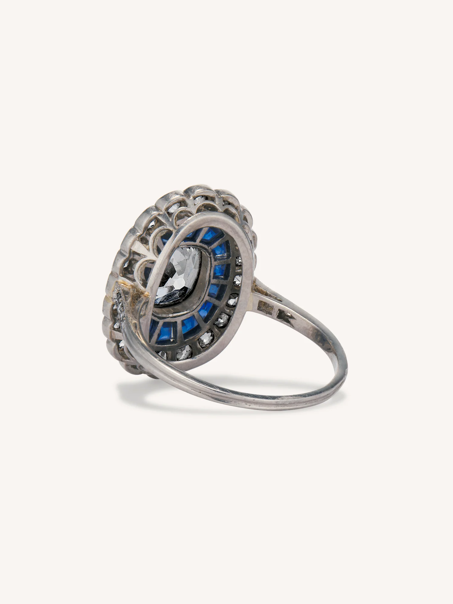 Art Deco Old Mine Cushion Cut Diamond & Sapphire Vintage Engagement Ring - Image 5