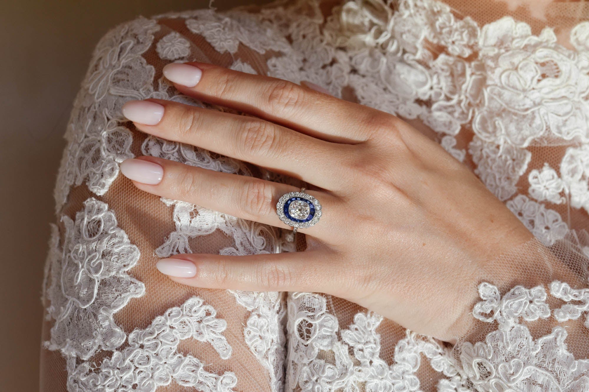 Art Deco Old Mine Cushion Cut Diamond & Sapphire Vintage Engagement Ring - Image 7