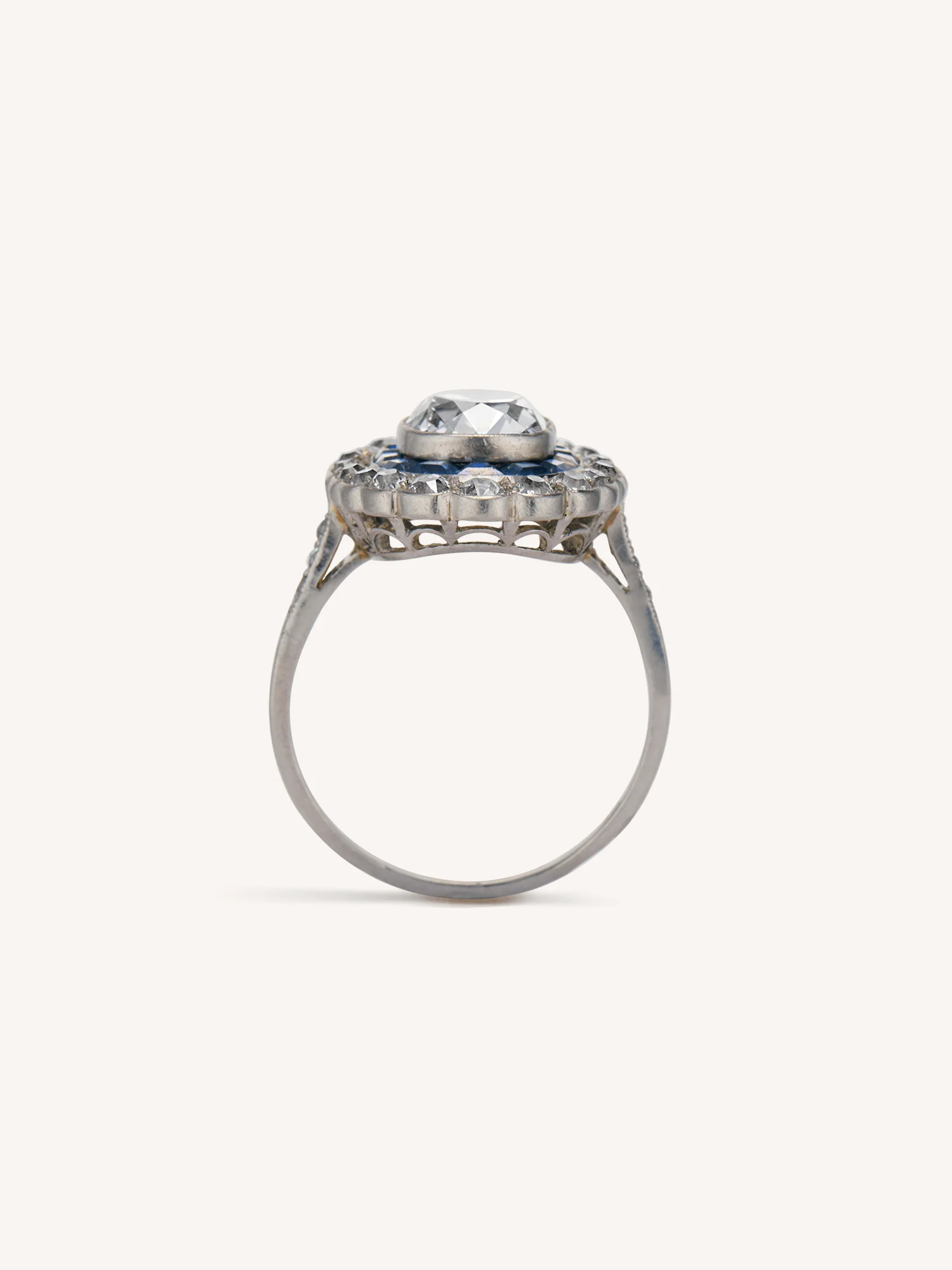 Art Deco Old Mine Cushion Cut Diamond & Sapphire Vintage Engagement Ring - Image 8