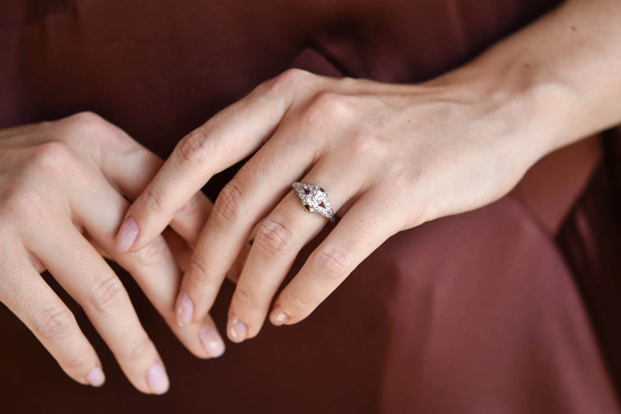 Art Deco 1.03 Carat Old Mine Diamond & Ruby Platinum Antique Engagement Ring - Image 3