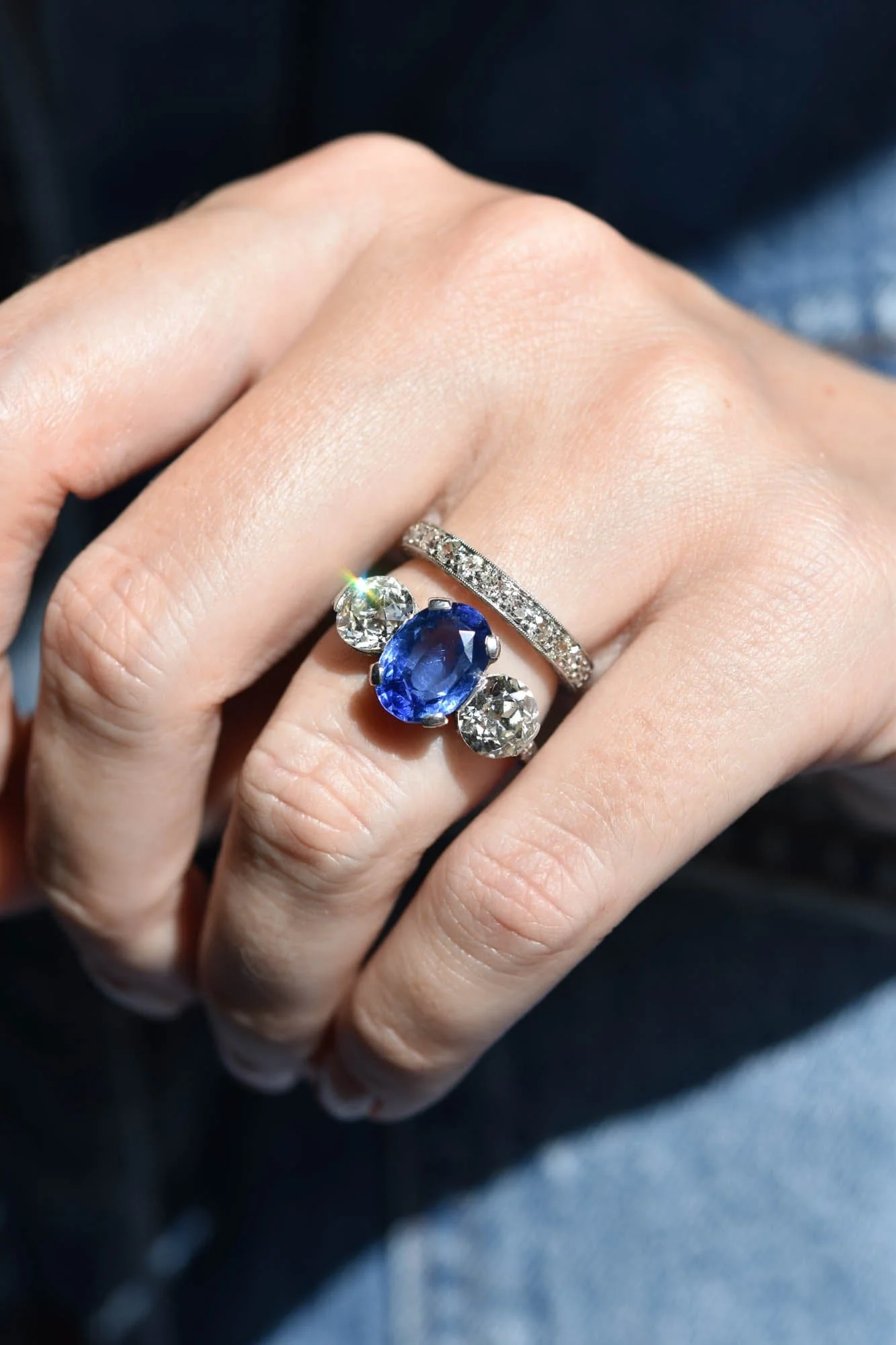 Art Deco 4.59 Carat Oval Ceylon Sapphire Three Stone Vintage Engagement Ring - Image 9