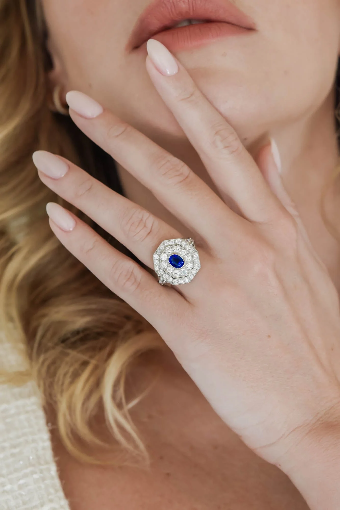 Art Deco Oval Cut Sapphire & Diamond Octagonal Dinner Ring - Image 2