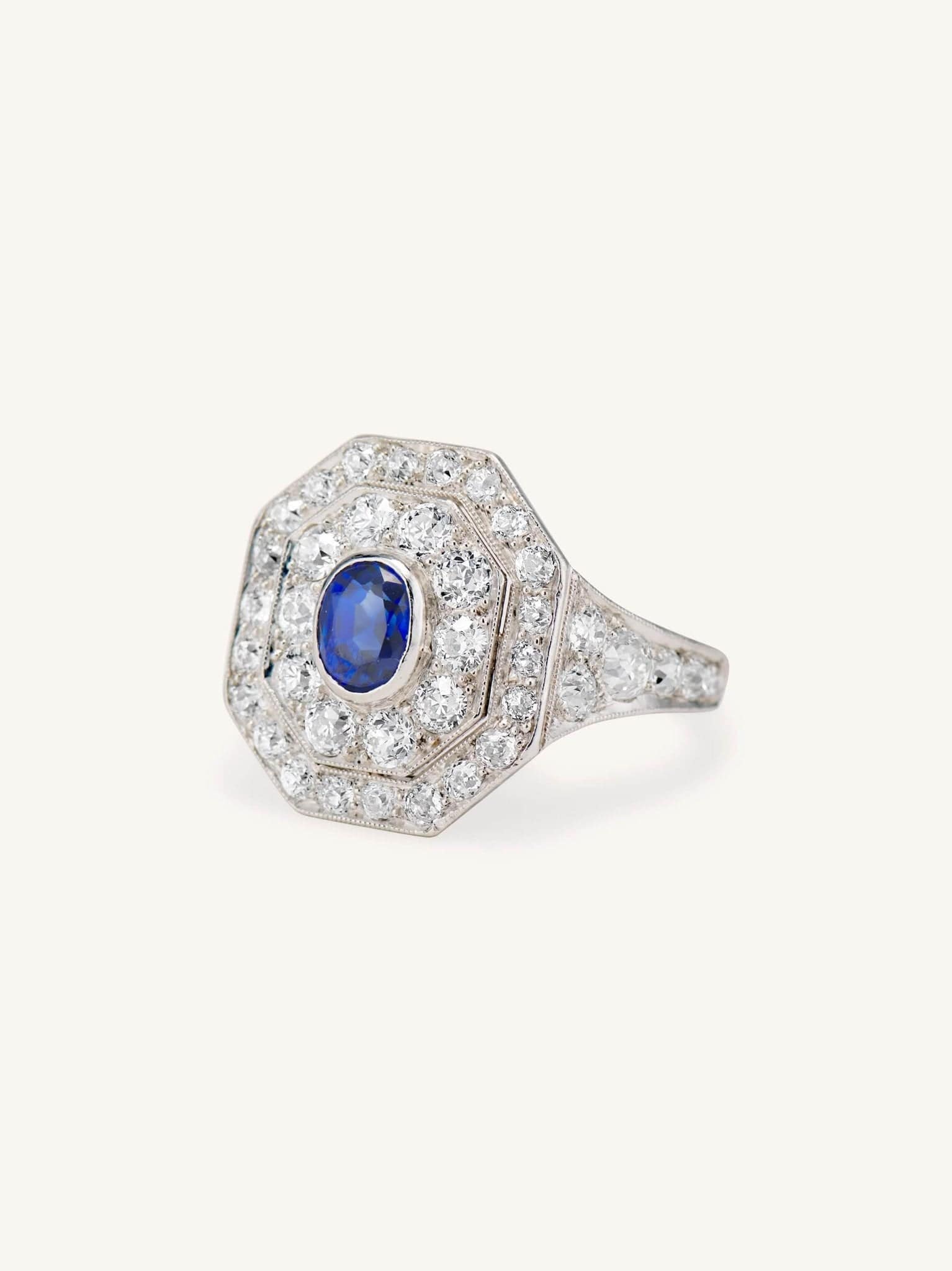 Art Deco Oval Cut Sapphire & Diamond Octagonal Dinner Ring - Image 4
