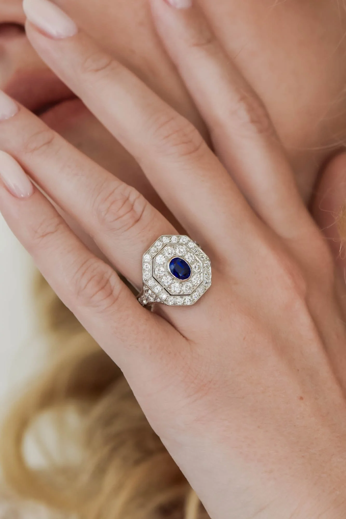 Art Deco Oval Cut Sapphire & Diamond Octagonal Dinner Ring - Image 6