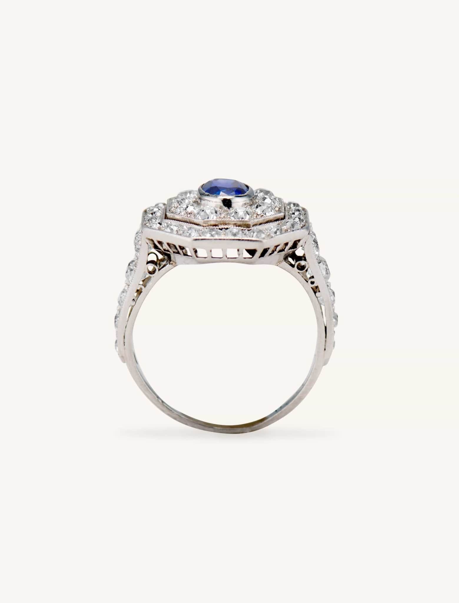Art Deco Oval Cut Sapphire & Diamond Octagonal Dinner Ring - Image 7